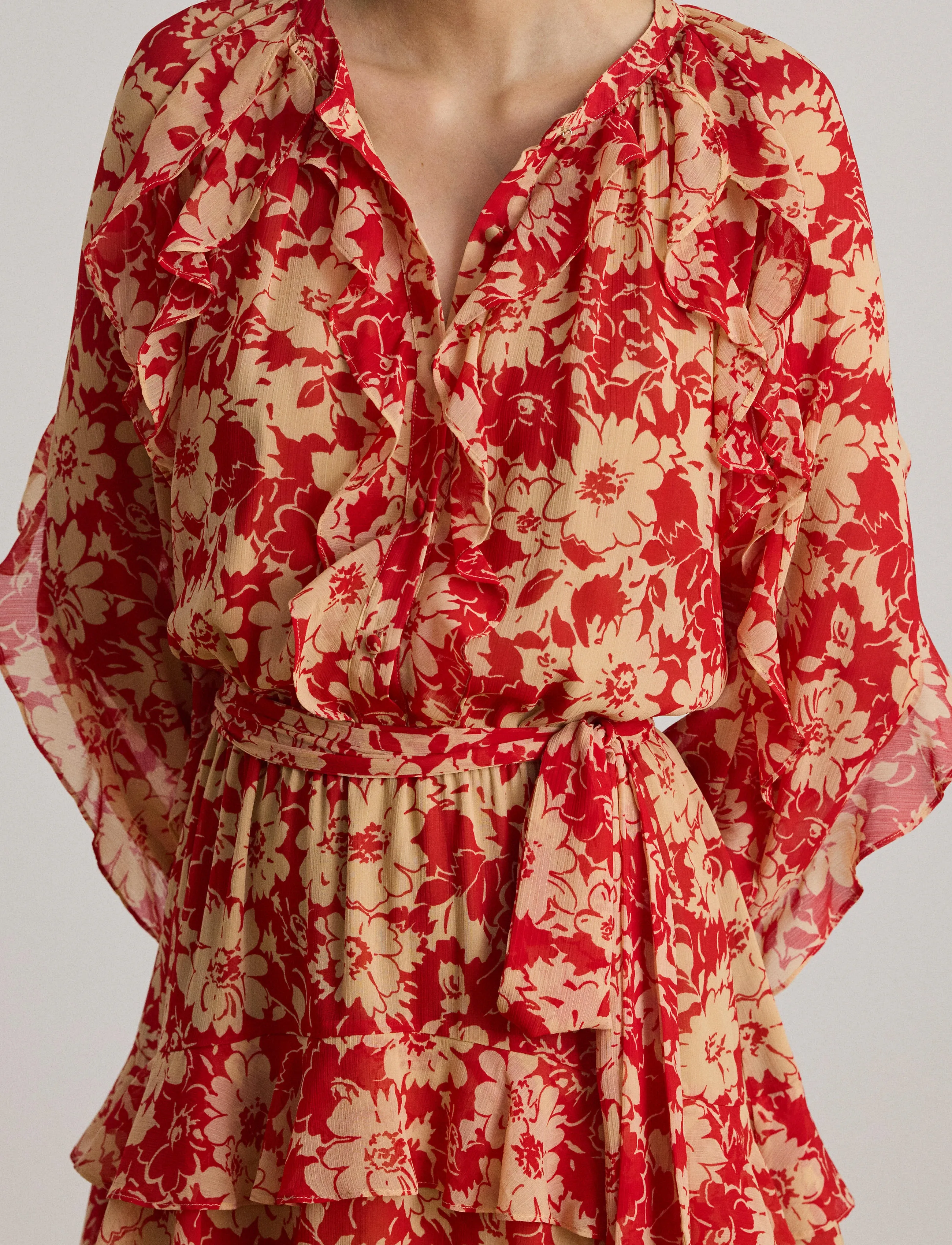 Lauren Ralph Lauren - Print Ruffle-Trim Georgette Tiered Dress - midi kjoler - red/tan - 4