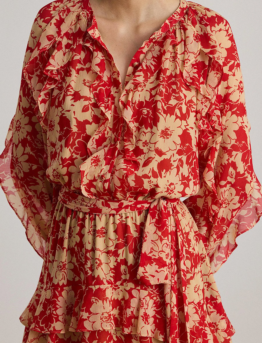 Lauren Ralph Lauren - Print Ruffle-Trim Georgette Tiered Dress - midi kjoler - red/tan - 4