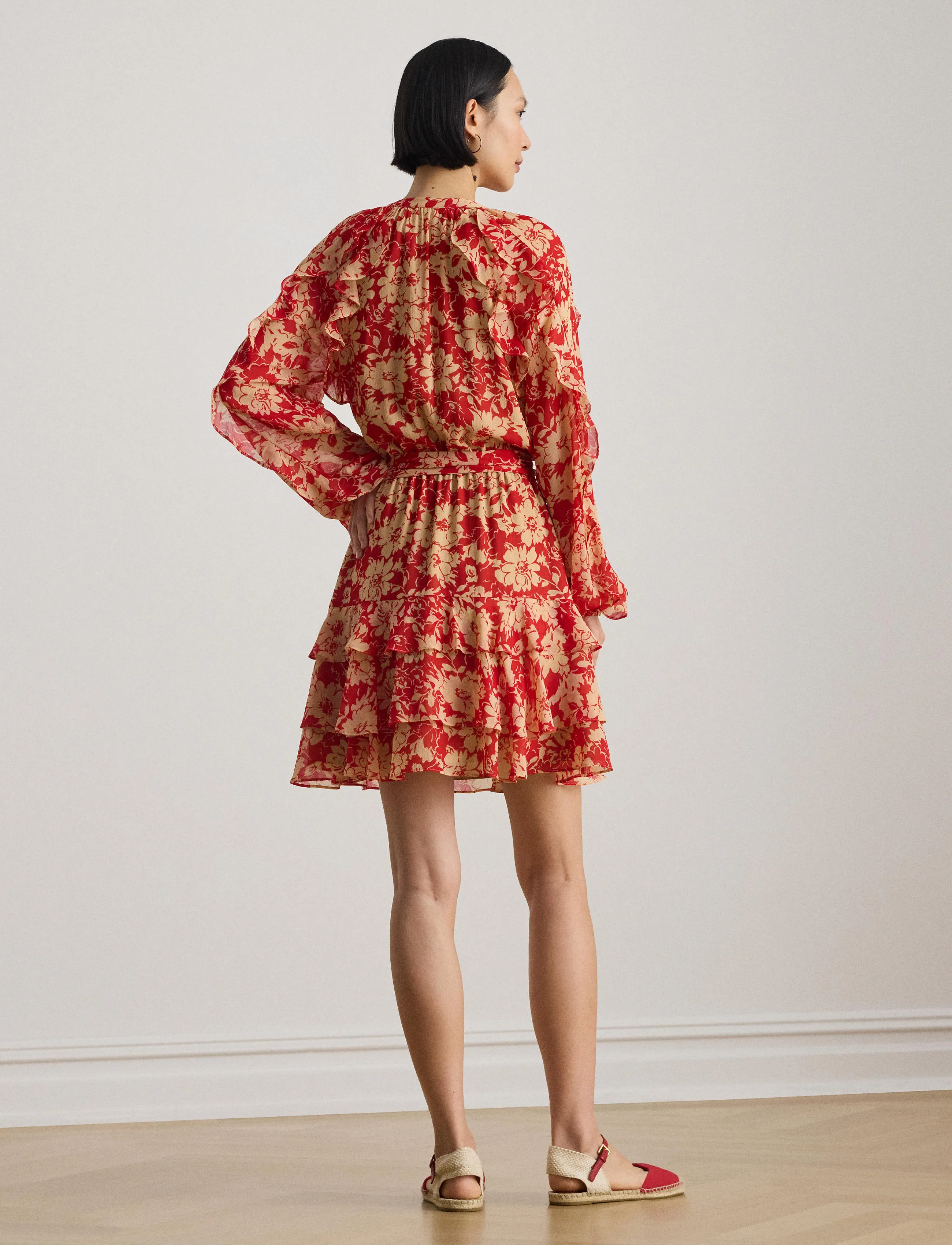 Lauren Ralph Lauren - Print Ruffle-Trim Georgette Tiered Dress - midi kjoler - red/tan - 5