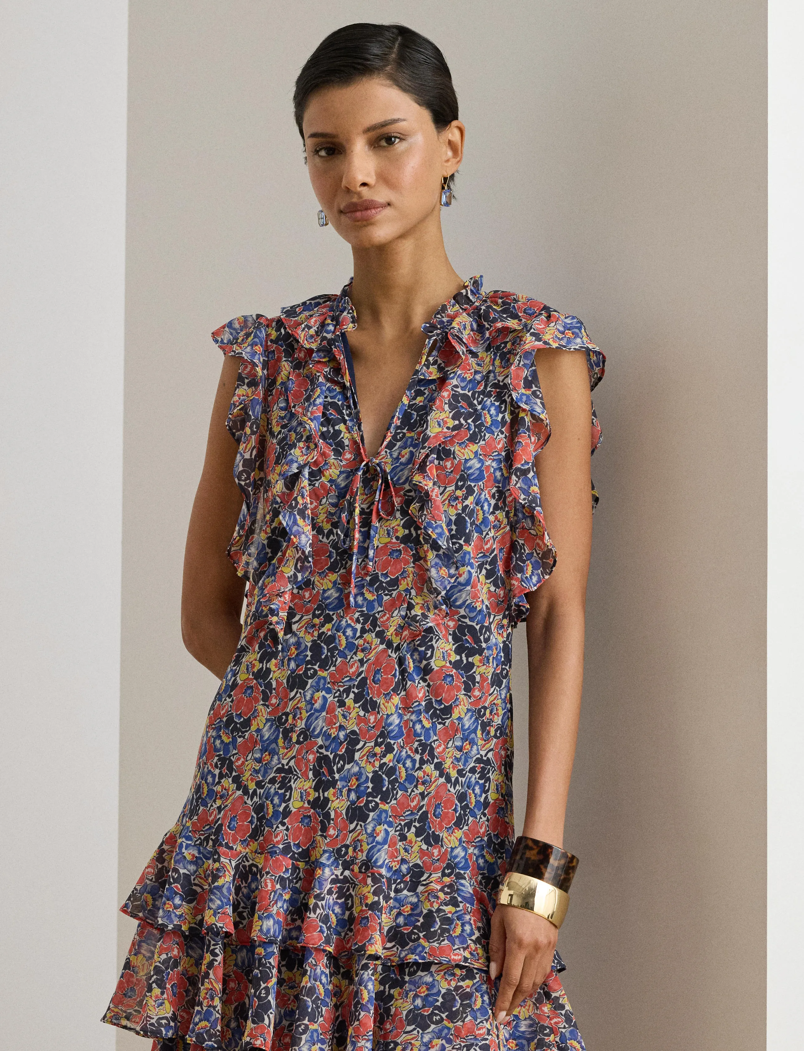 Lauren Ralph Floral Ruffle-Trim Georgette Dress, 46, Dresses, Blau - Short Frauen