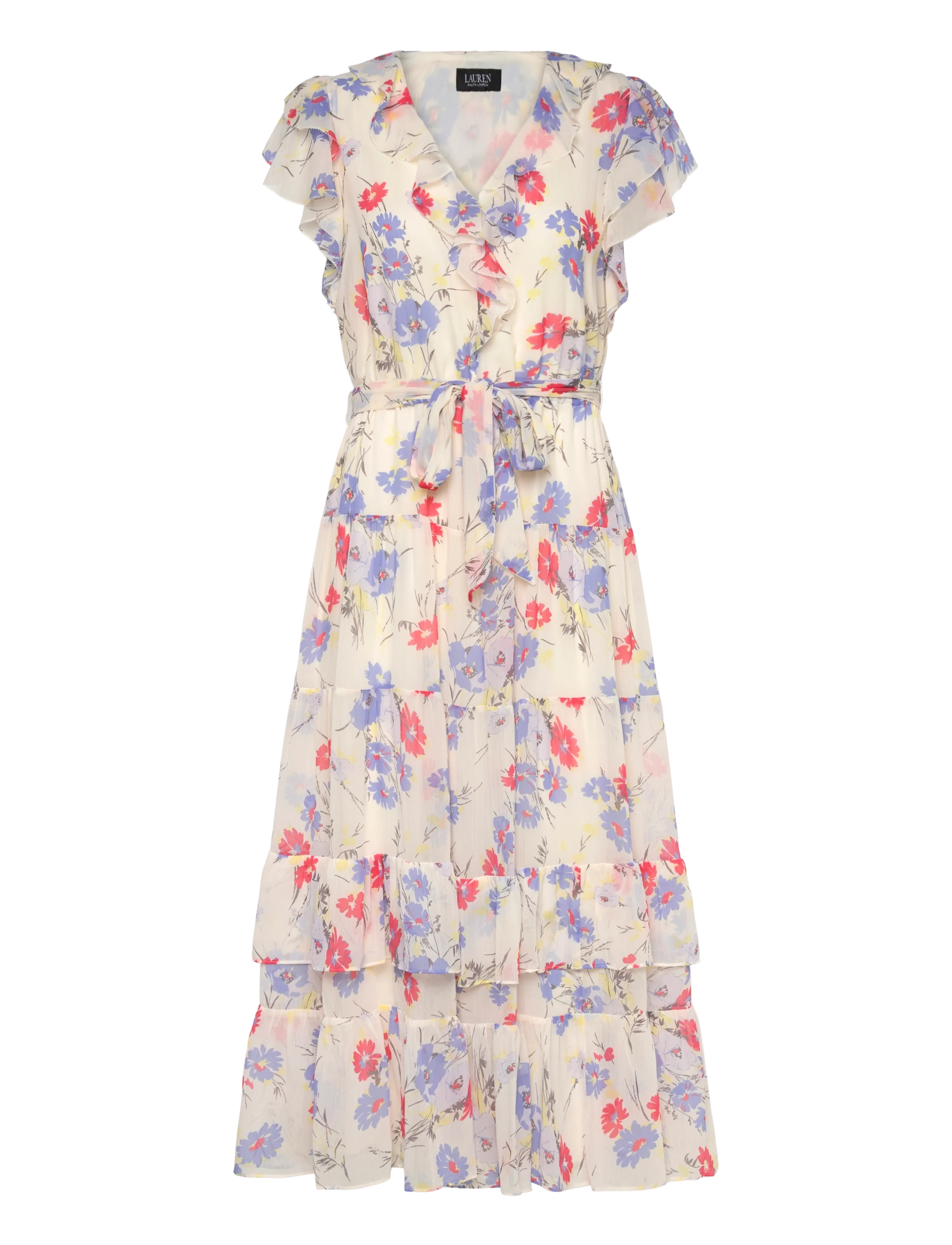 Lauren Ralph Lauren - Floral Belted Georgette Tiered Dress - sommerkleider - cream multi - 1