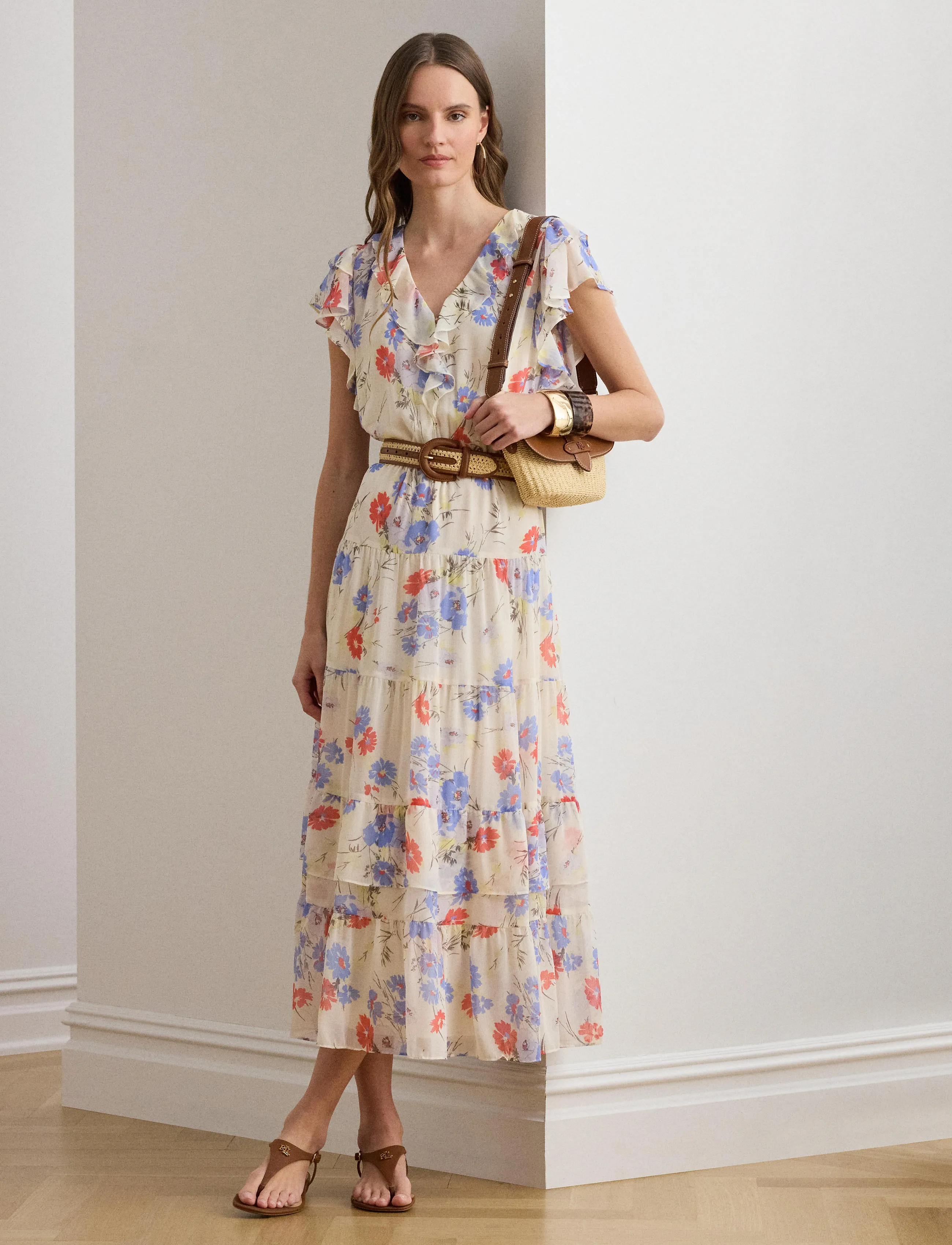 Lauren Ralph Lauren Floral Belted Georgette Tiered Dress - Lauren Ralph Lauren - CREAM MULTI / cream