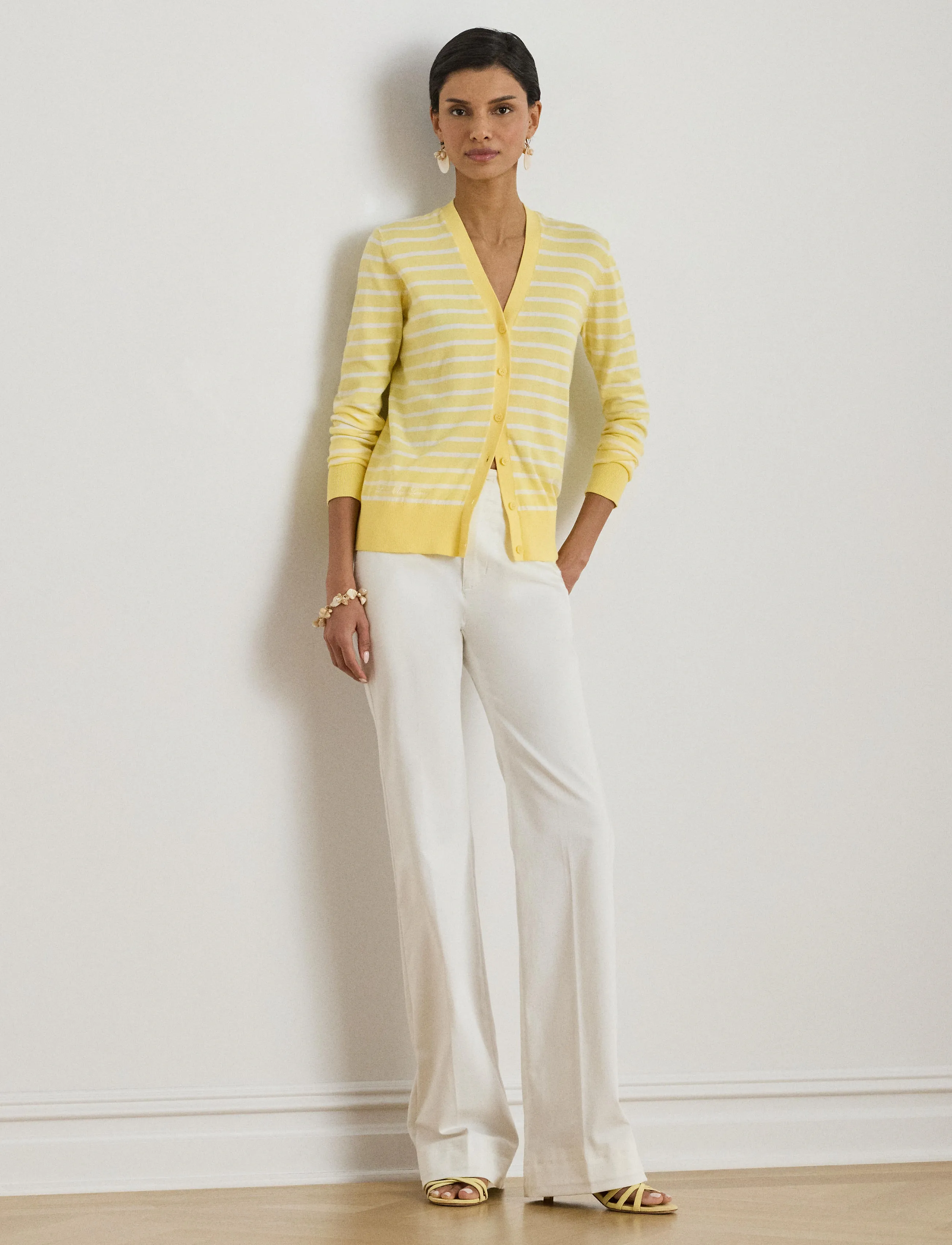 Lauren Ralph Lauren Superfine Cotton-Sweater-Cardigan, XS, Yellow, Strik > Cardigans, Dame