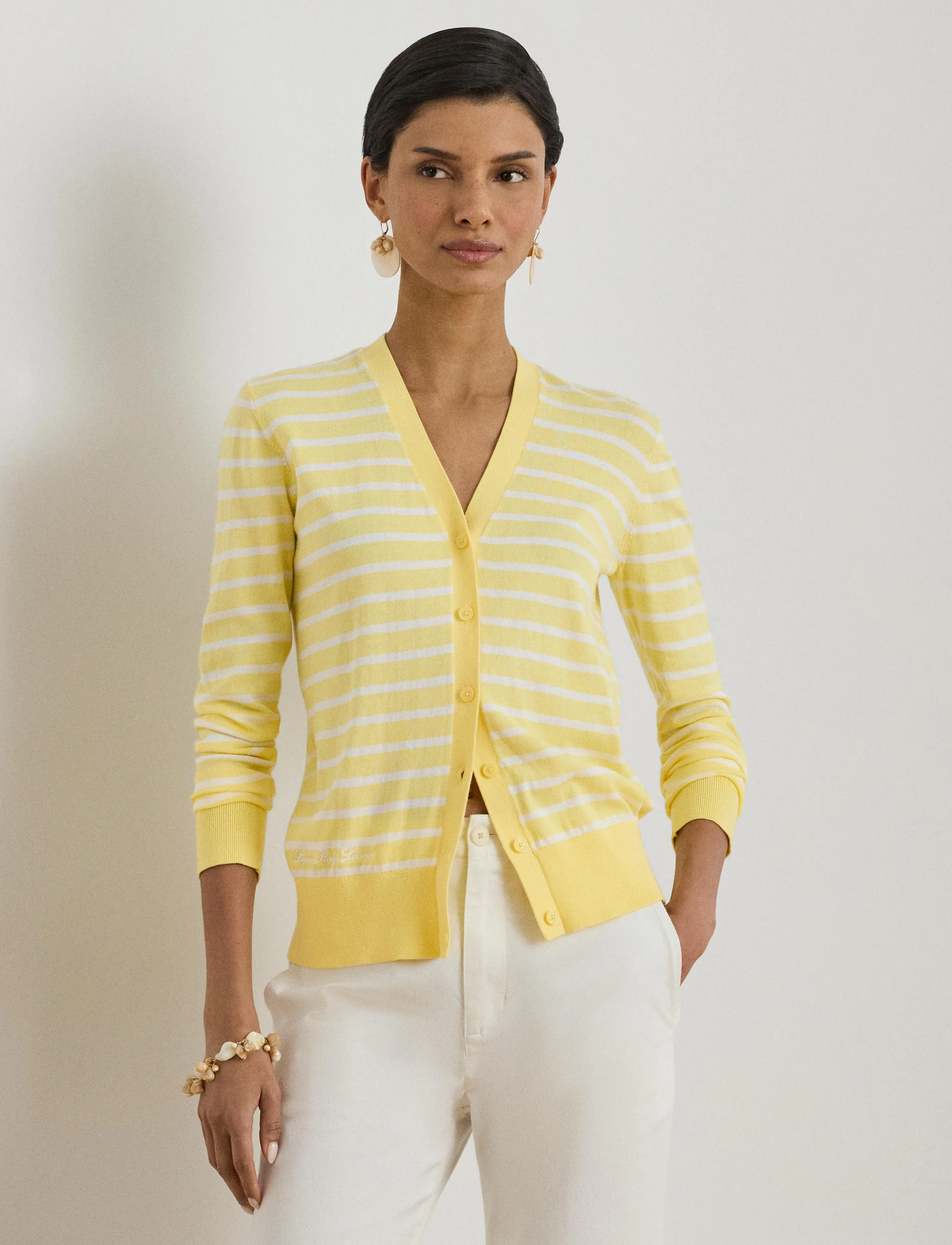 Lauren Ralph Lauren - SUPERFINE COTTON-SWEATER-CARDIGAN - cardigans - lemon sorbet/whit - 3