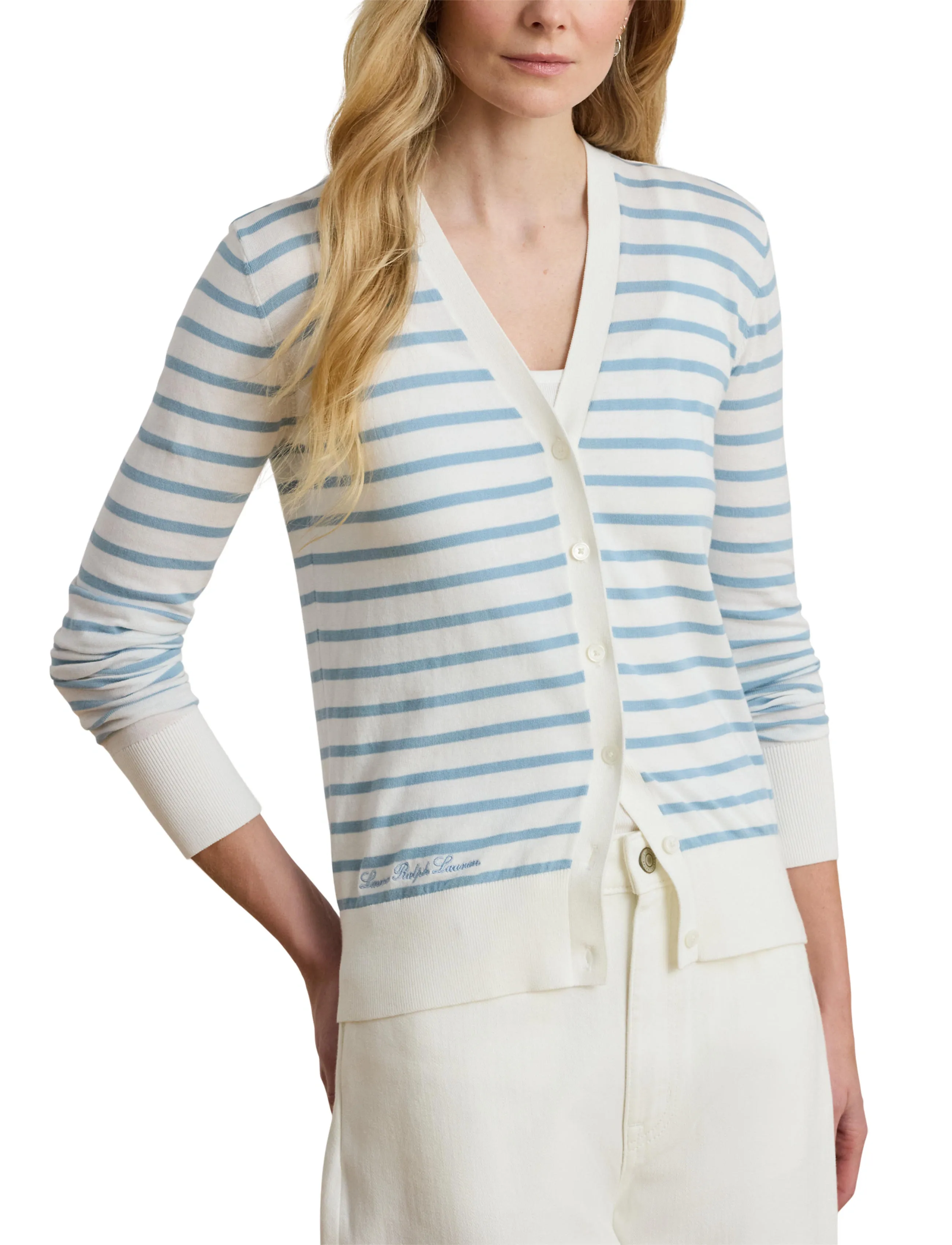 Lauren Ralph Lauren SUPERFINE COTTON-SWEATER-CARDIGAN - Naistele - WHITE/BLUE NOTE / blue