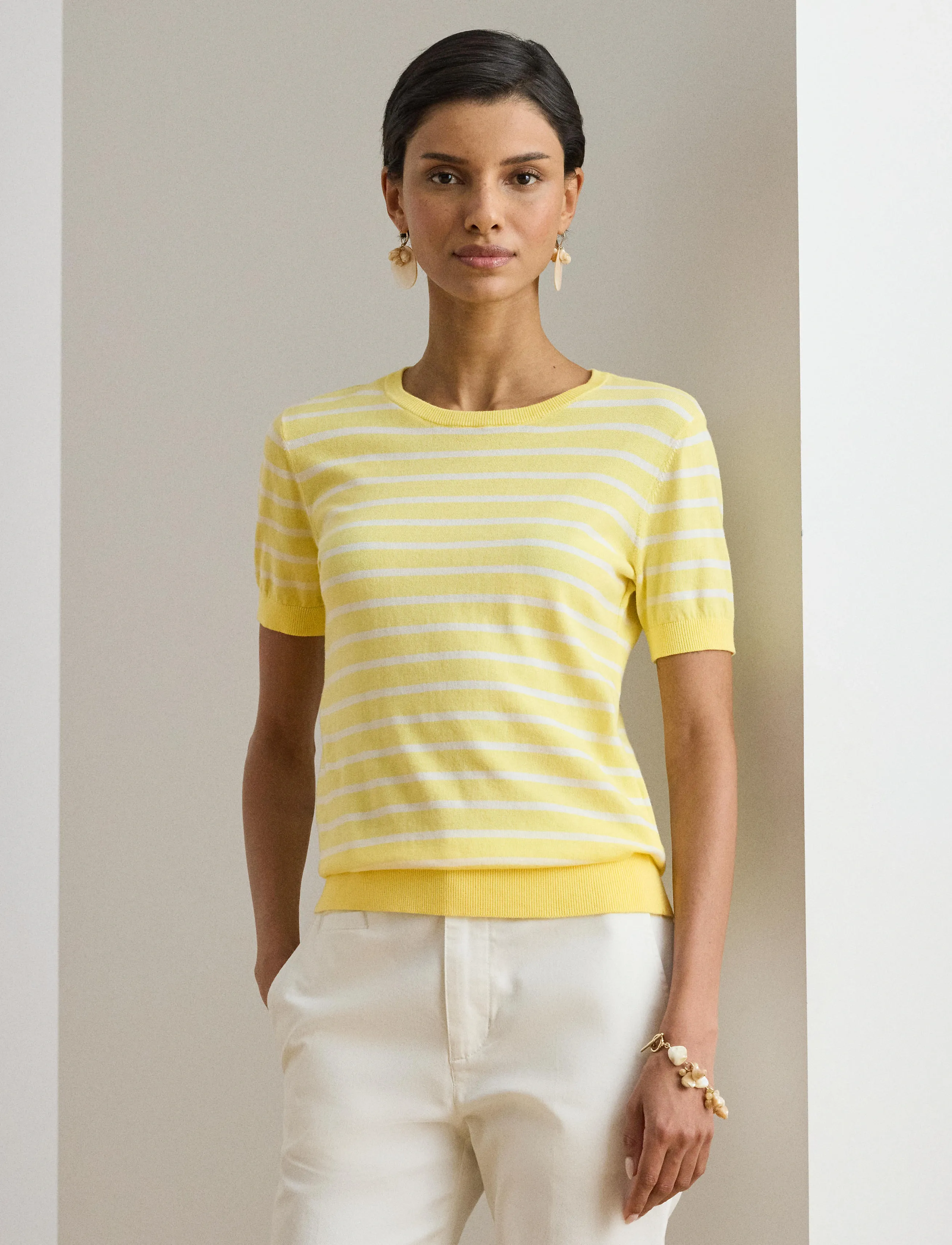 Lauren Ralph Lauren SUPERFINE COTTON-SWEATER-PULLOVER - T-krekli un topi - LEMON SORBET/WHIT / yellow