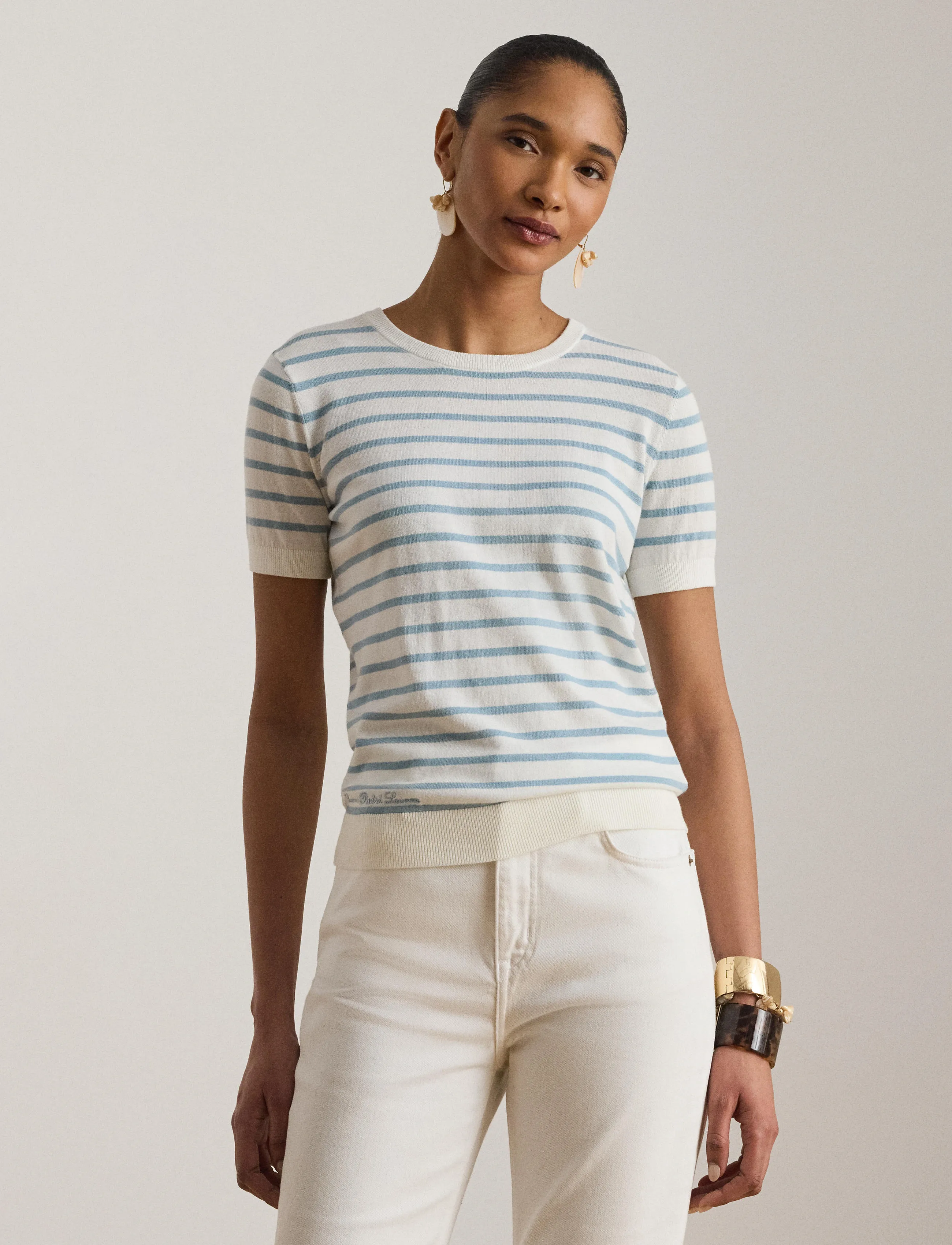 Lauren Ralph Lauren SUPERFINE COTTON-SWEATER-PULLOVER - Ralph Lauren - WHITE/BLUE NOTE / blue