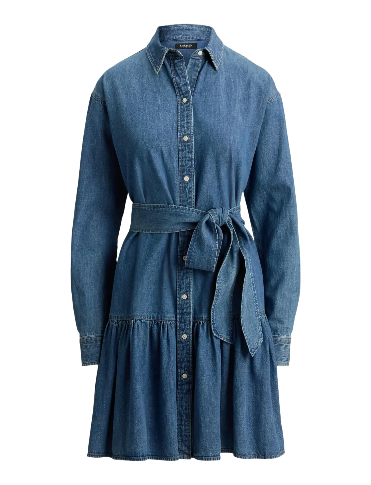 Lauren Ralph Lauren Belted Denim Tiered Shirtdress - Kleitas - GALVIN WASH / blue