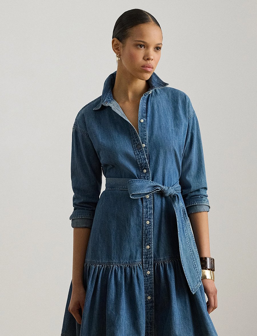 Lauren Ralph Lauren - Belted Denim Tiered Shirtdress - skjortklänningar - galvin wash - 0