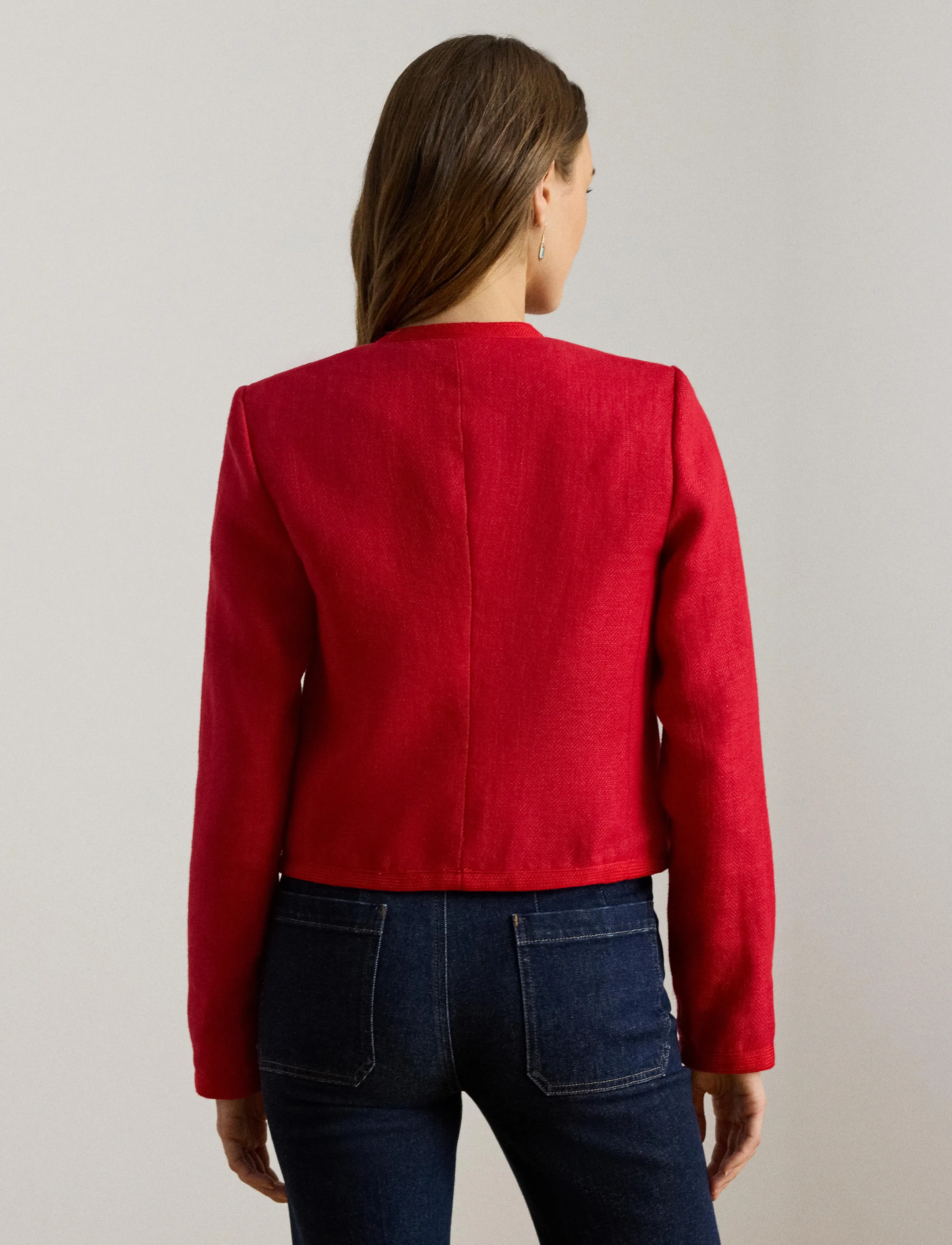 Lauren Ralph Linen Herringbone Cropped Jacket, 38, Jackets, Rot - Light-summer Frauen