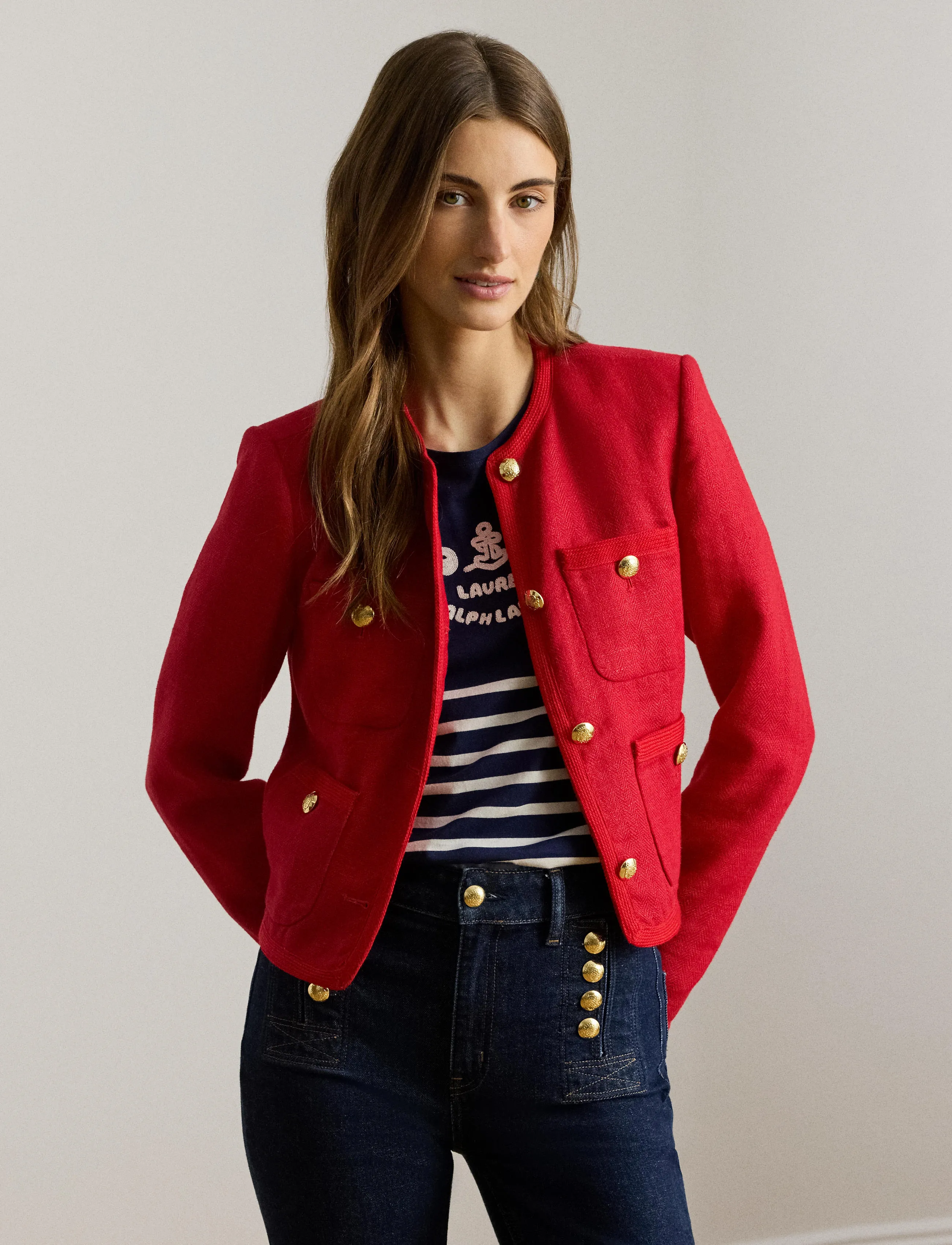 Lauren Ralph Lauren Linen Herringbone Cropped Jacket - Jackets - CRUISE RED / red