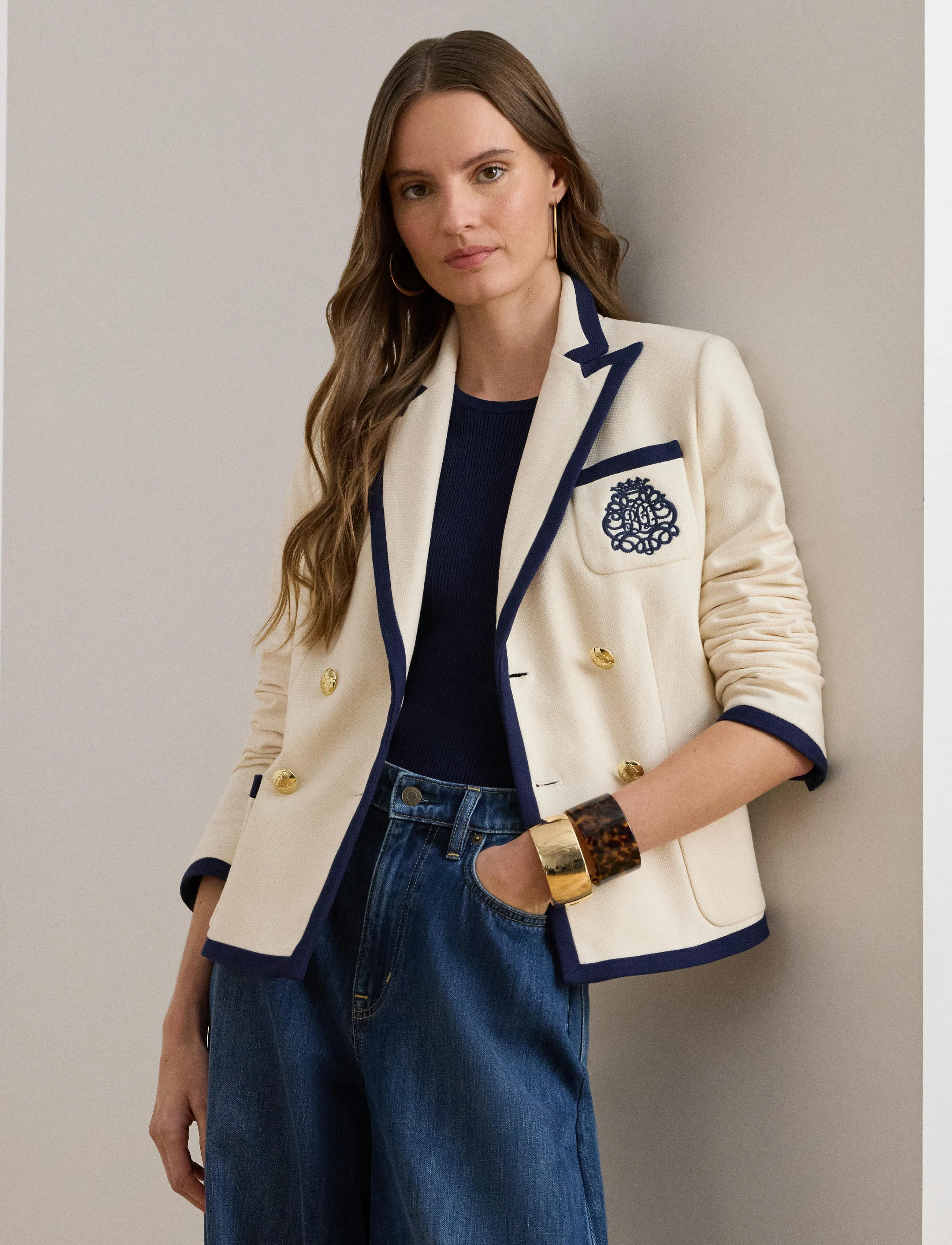Lauren Ralph Lauren Two-Tone Double-Breasted Piqué Blazer - Ralph Lauren - MASCARPONE CREAM / cream