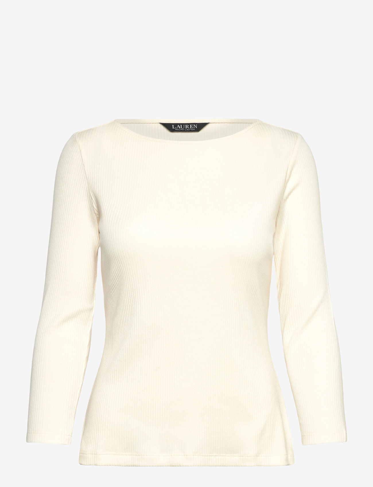 Lauren Ralph Lauren - Rib-Knit Cotton-Blend Boatneck Tee - long sleeved blouses - mascarpone cream - 0