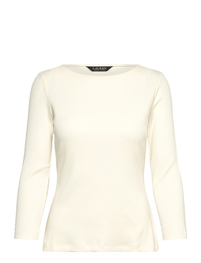 Lauren Ralph Lauren - Rib-Knit Cotton-Blend Boatneck Tee - long sleeved blouses - mascarpone cream - 0