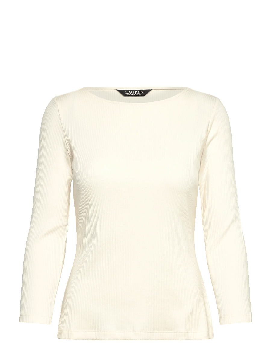 Lauren Ralph Lauren - Rib-Knit Cotton-Blend Boatneck Tee - langerma blússur - mascarpone cream - 0