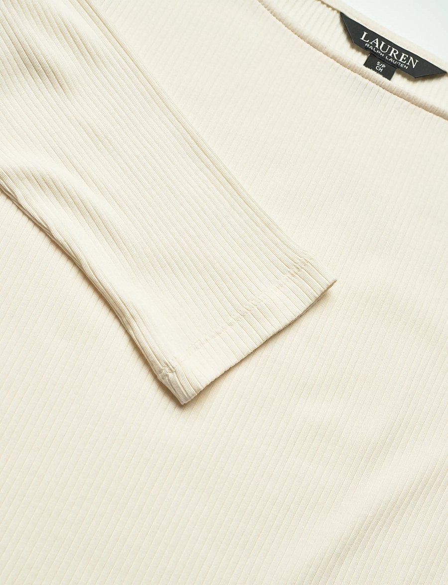 Lauren Ralph Lauren - Rib-Knit Cotton-Blend Boatneck Tee - langerma blússur - mascarpone cream - 2