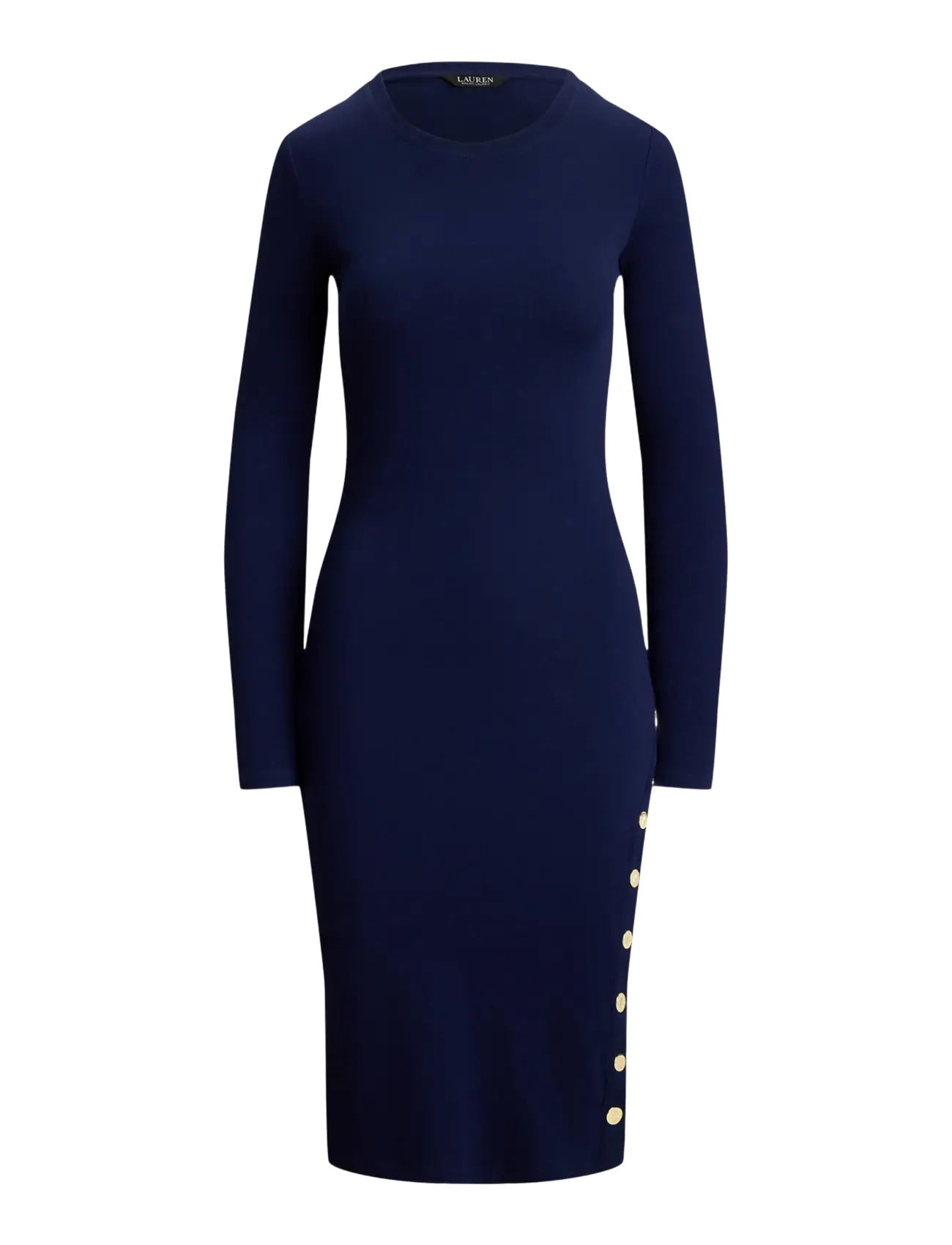 Lauren Ralph Lauren - Button-Trim Ribbed Cotton-Blend Dress - kootud kleidid - refined navy - 1