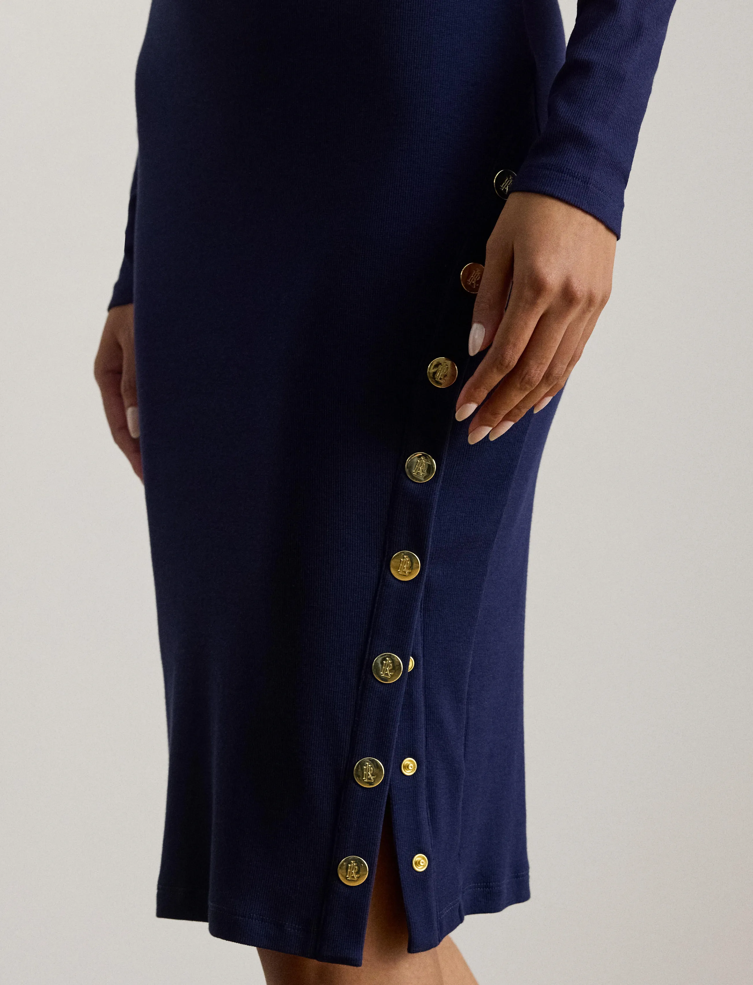 Lauren Ralph Lauren - Button-Trim Ribbed Cotton-Blend Dress - kootud kleidid - refined navy - 5