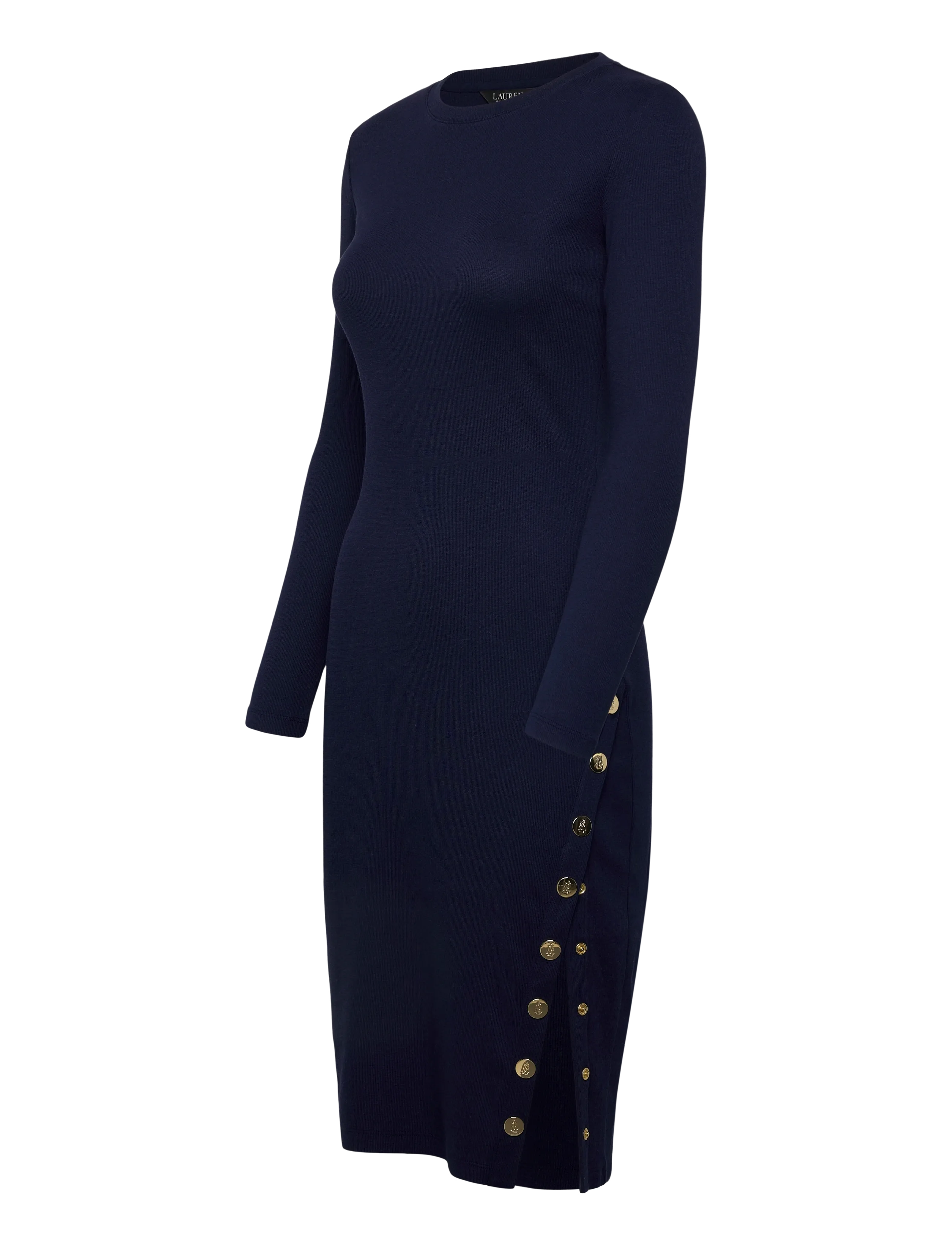 Lauren Ralph Lauren - Button-Trim Ribbed Cotton-Blend Dress - kootud kleidid - refined navy - 3