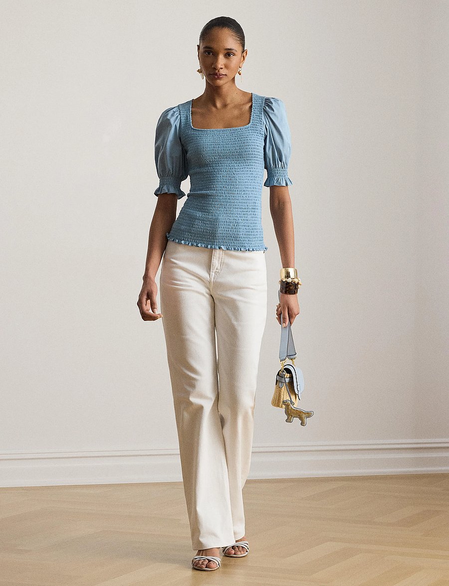 Lauren Ralph Lauren - REFINED COTTON JRSY-KNT-PULLOVER - kortärmade blusar - blue note - 0