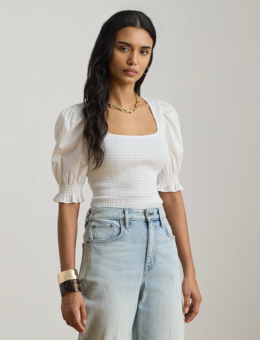 Lauren Ralph Lauren - REFINED COTTON JRSY-KNT-PULLOVER - kortärmade blusar - white - 0