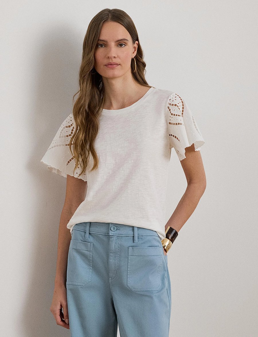 Lauren Ralph Lauren - INDIE CTN SLUB JRSY-KNT-PULLOVER - kortærmede bluser - white - 0