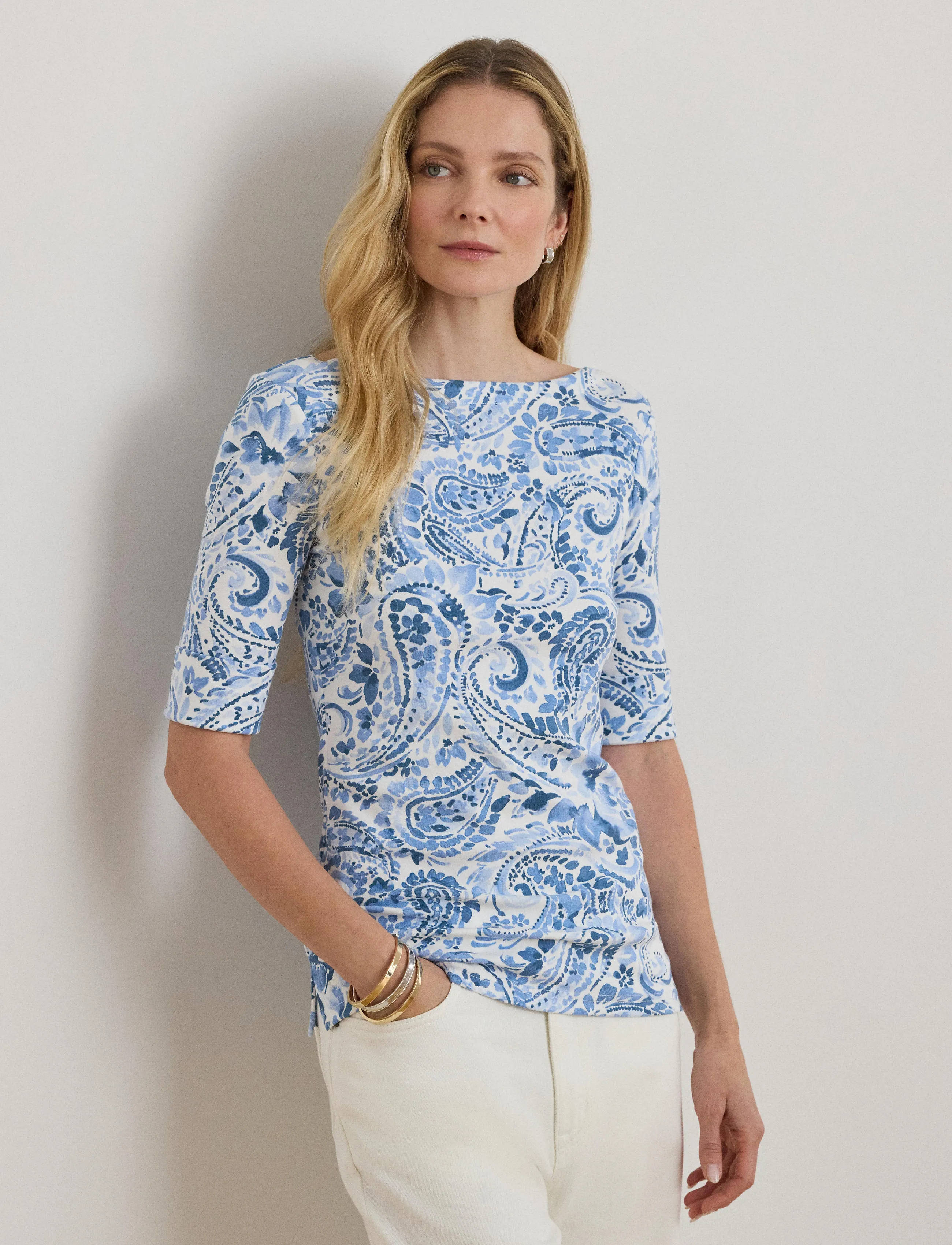 Lauren Ralph Lauren REFINED STR 1X1 RIB-KNT-T-SHIRT - Blusen - WHITE/BLUE / blue