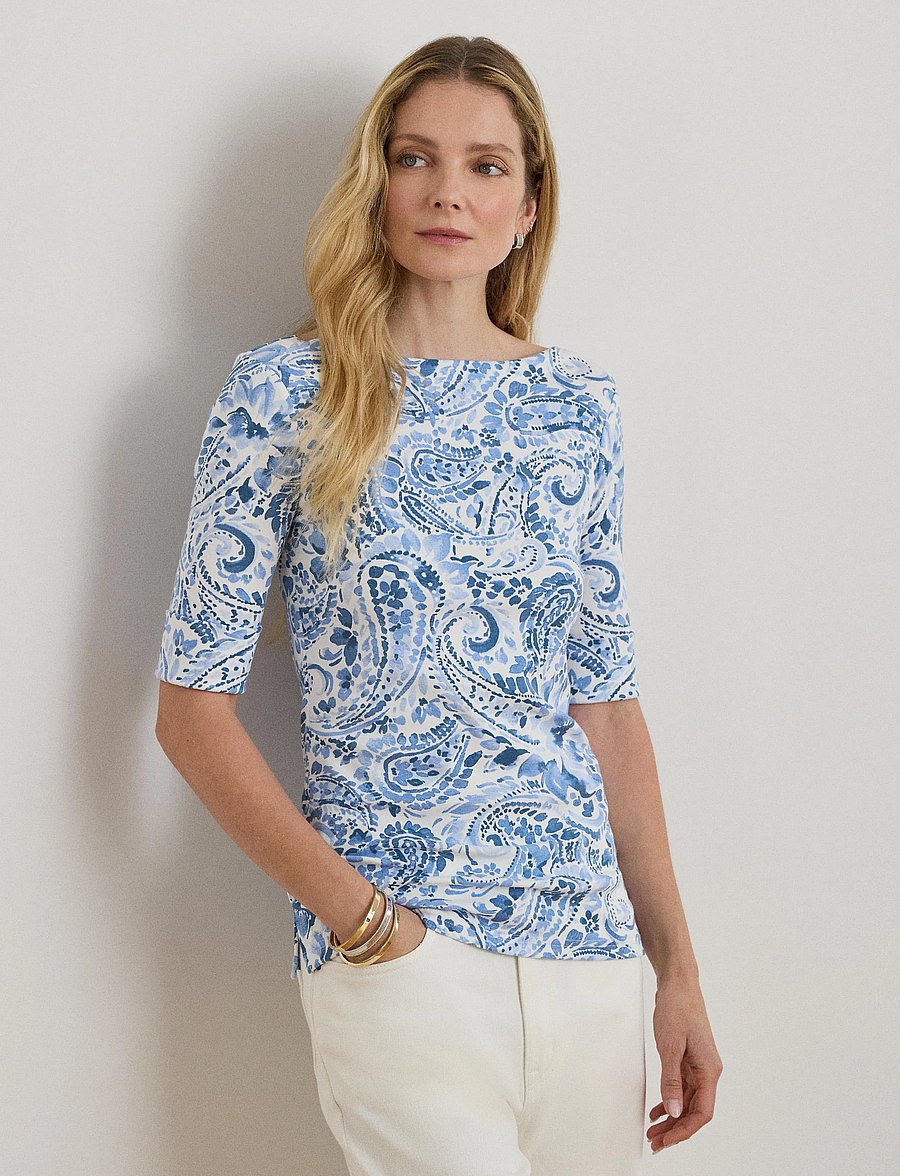Lauren Ralph Lauren - REFINED STR 1X1 RIB-KNT-T-SHIRT - short-sleeved blouses - white/blue - 0