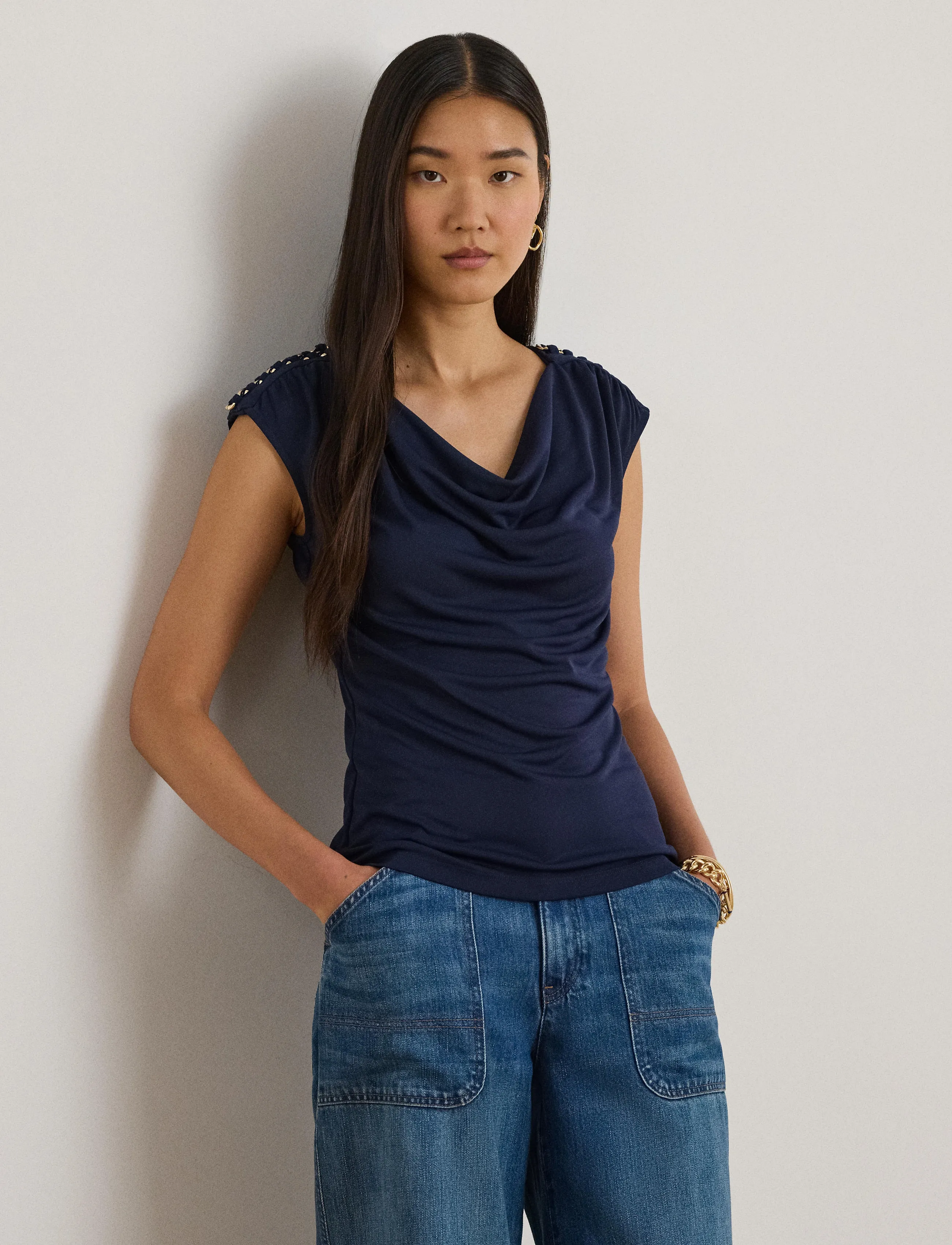 Lauren Ralph Lauren Stretch Jersey Sleeveless Cowlneck Top - Ralph Lauren - REFINED NAVY / navy