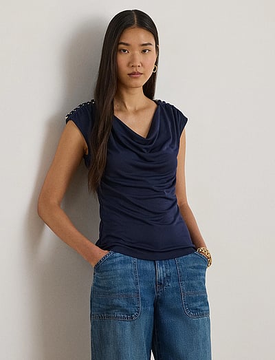 Lauren Ralph Lauren STR MATTE JERSEY-R-KNIT TOP - Varrukateta topid - REFINED NAVY / navy