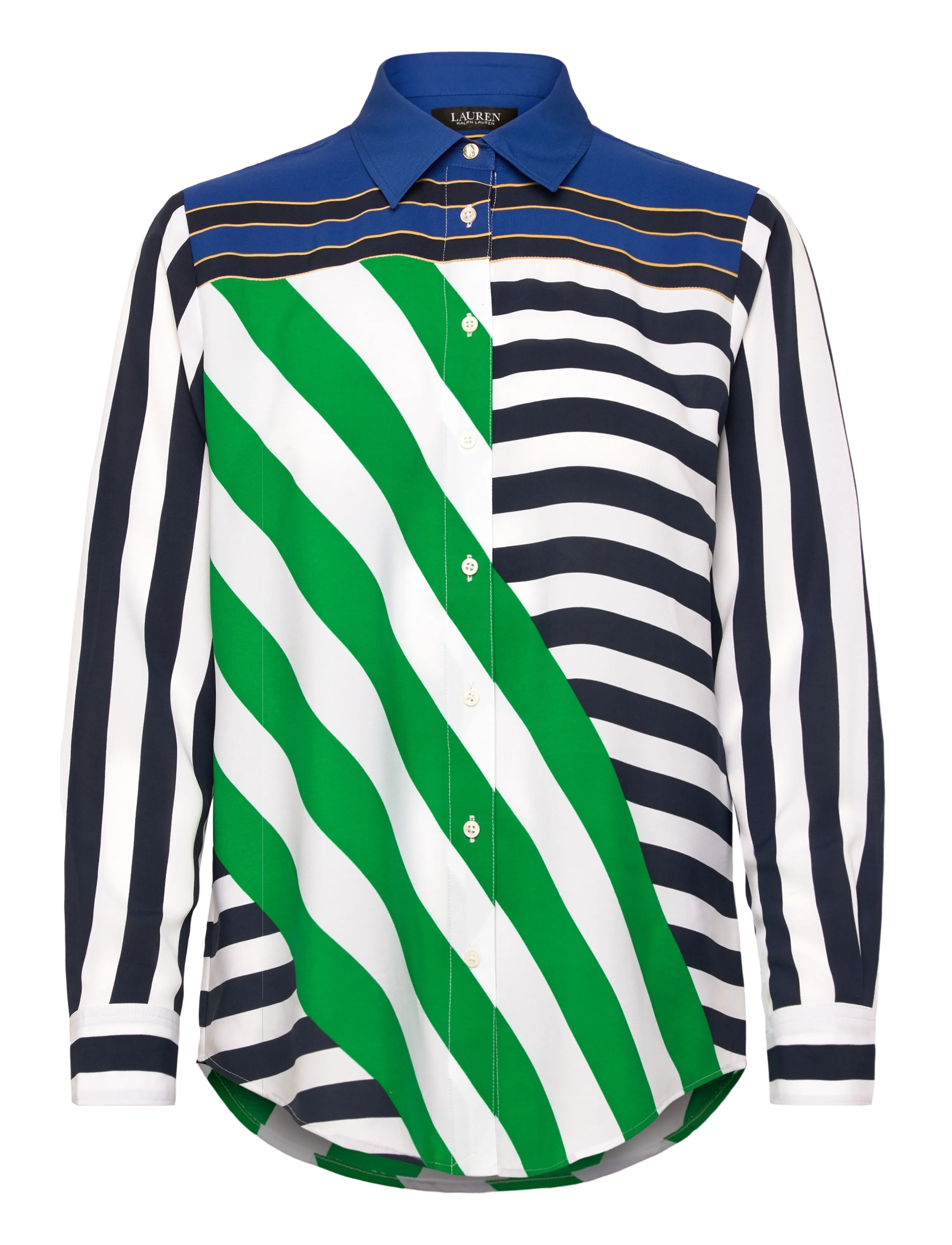 Lauren Ralph Lauren Classic Fit Striped Crepe Shirt - Transitional Layering - NAVY/WHITE/GREEN / multi