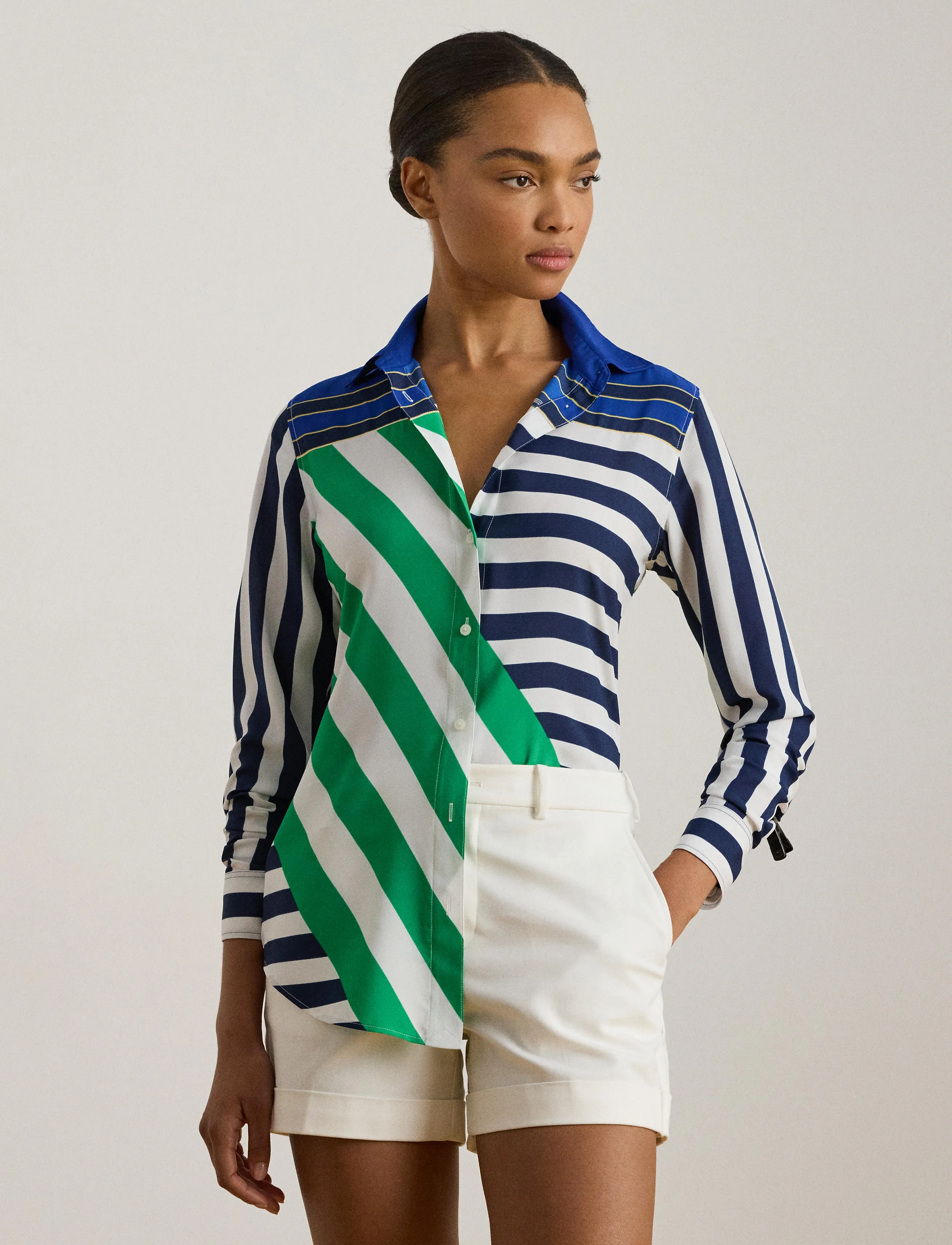 Lauren Ralph Lauren Classic Fit Striped Crepe Shirt - Lauren Ralph Lauren - NAVY/WHITE/GREEN / multi