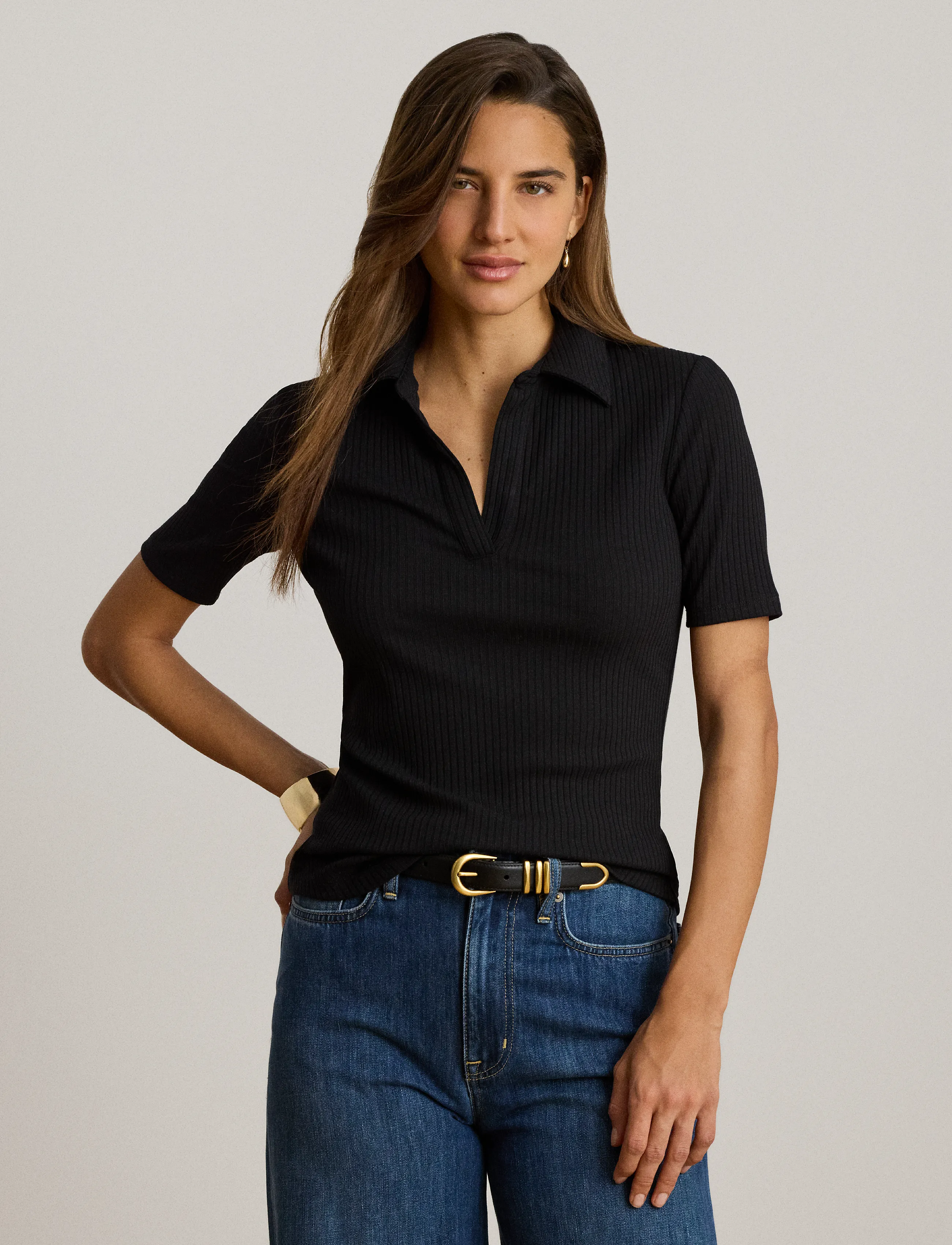 Lauren Ralph Lauren Rib-Knit Elbow-Sleeve Polo Tee, Kvinder, Ribstrikket Poloshirt, Sort, Str: XS
