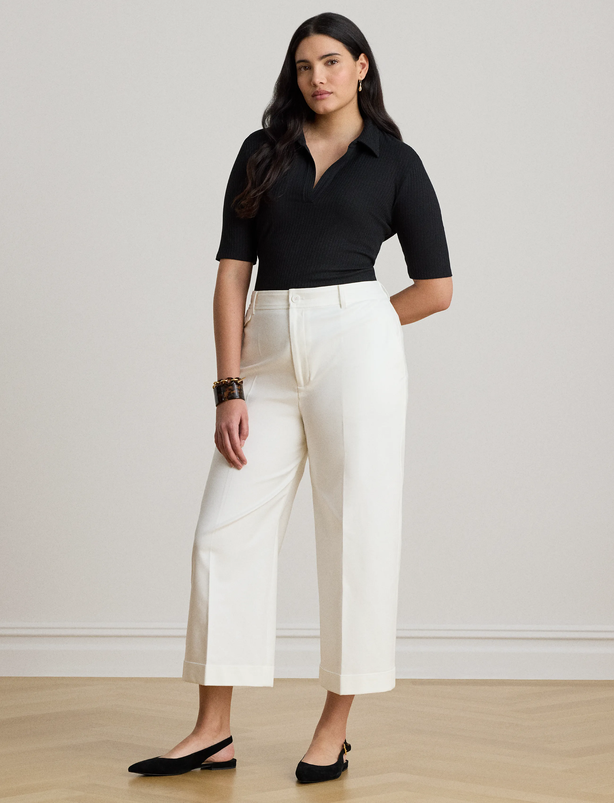 Lauren Ralph Lauren Rib-Knit Elbow-Sleeve Polo Tee - Lauren Ralph Lauren - BLACK / black