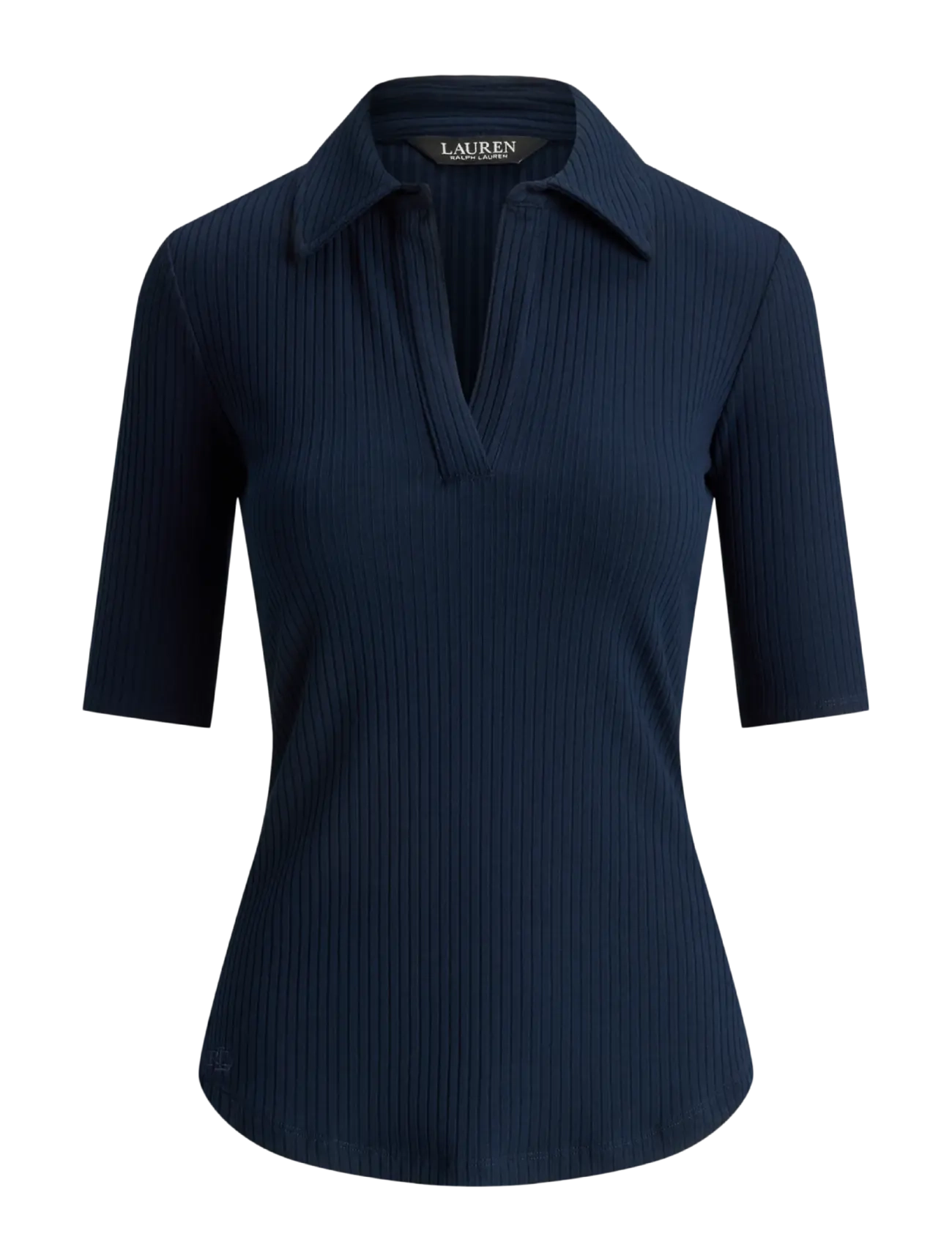 Lauren Ralph Lauren Rib-Knit Elbow-Sleeve Polo Tee - Tøj - LAUREN NAVY / navy