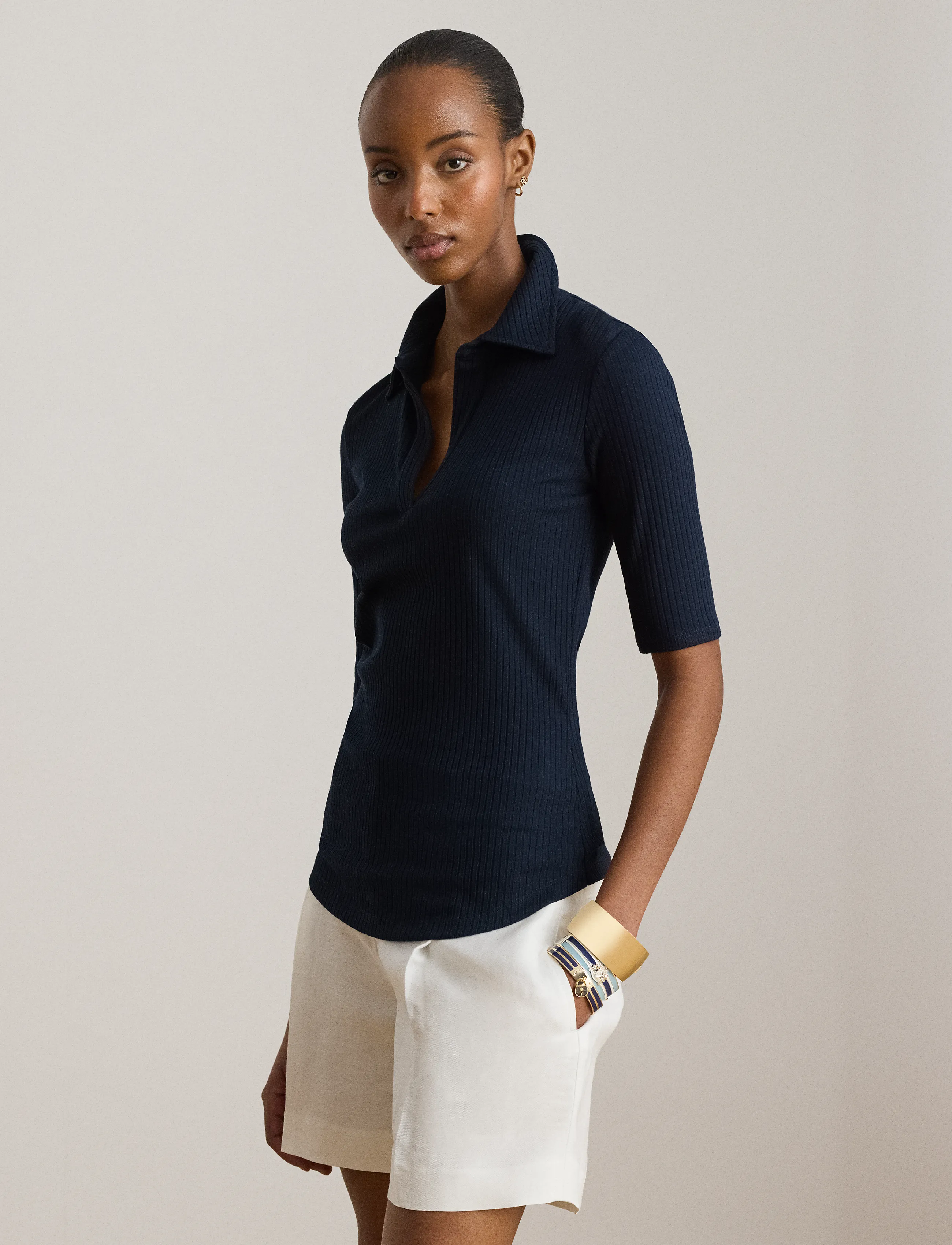 Lauren Ralph Lauren Rib-Knit Elbow-Sleeve Polo Tee, Kvinder, Ribstrikket Poloshirt, Navy, Str: XL