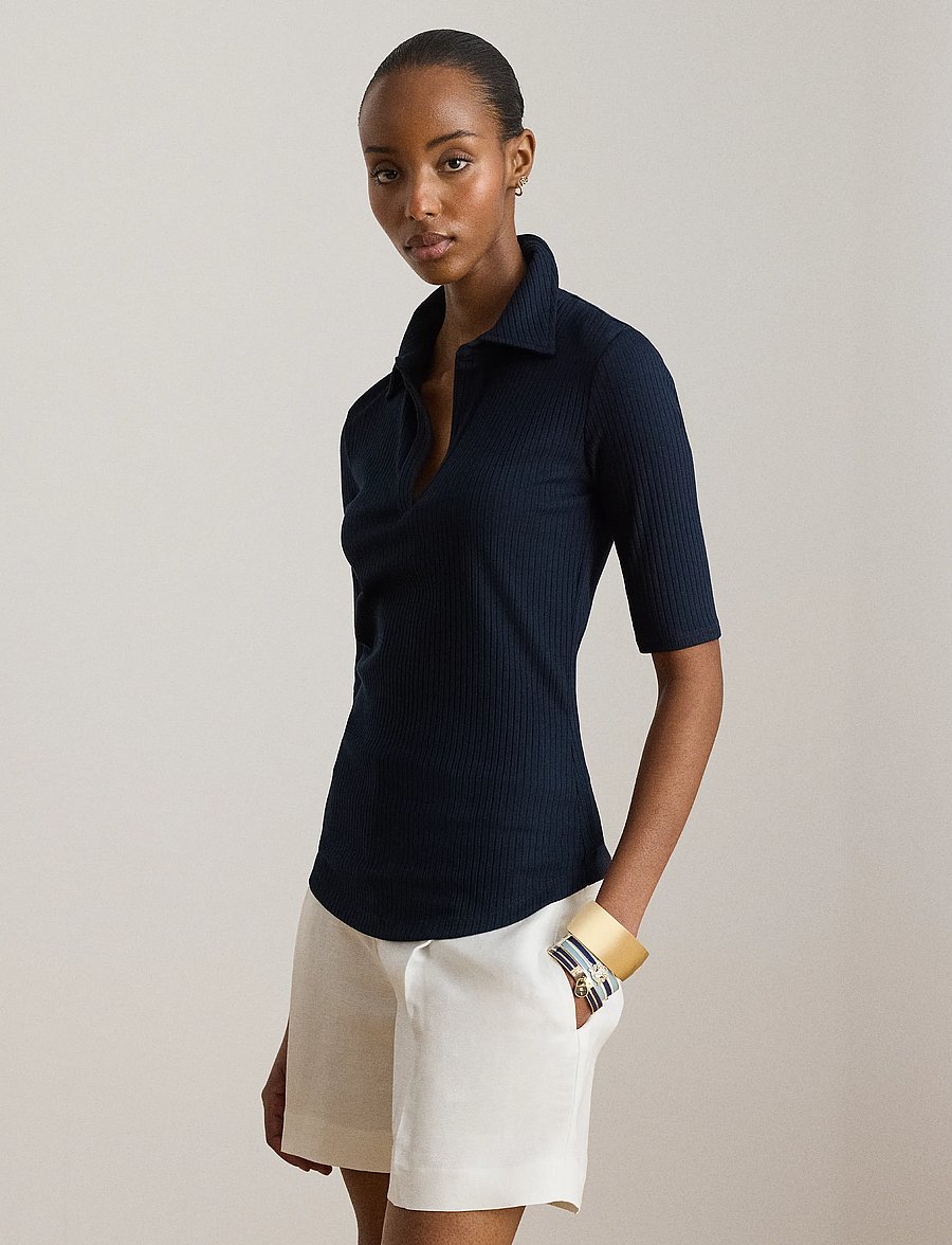 Lauren Ralph Lauren - Rib-Knit Elbow-Sleeve Polo Tee - poloer - lauren navy - 0
