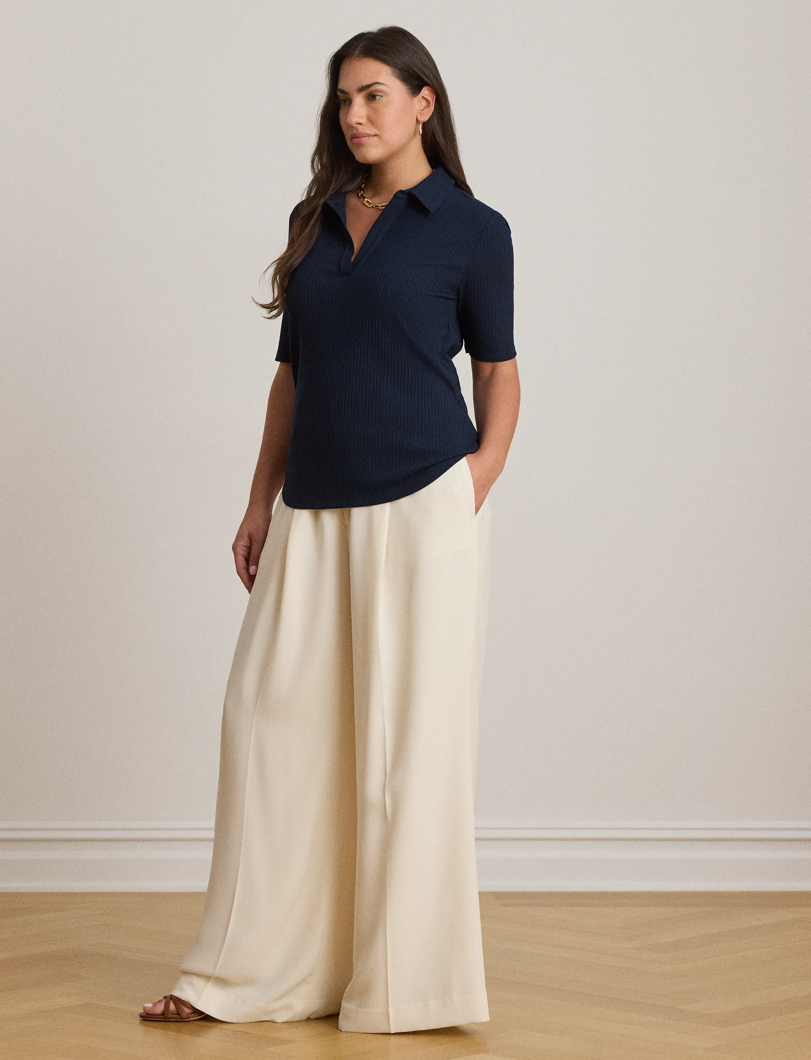 Lauren Ralph Lauren Rib-Knit Elbow-Sleeve Polo Tee - Lauren Ralph Lauren - LAUREN NAVY / navy