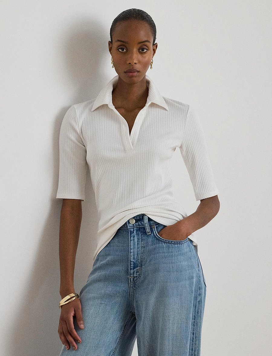 Lauren Ralph Lauren - Rib-Knit Elbow-Sleeve Polo Tee - pólóbolir - white - 2