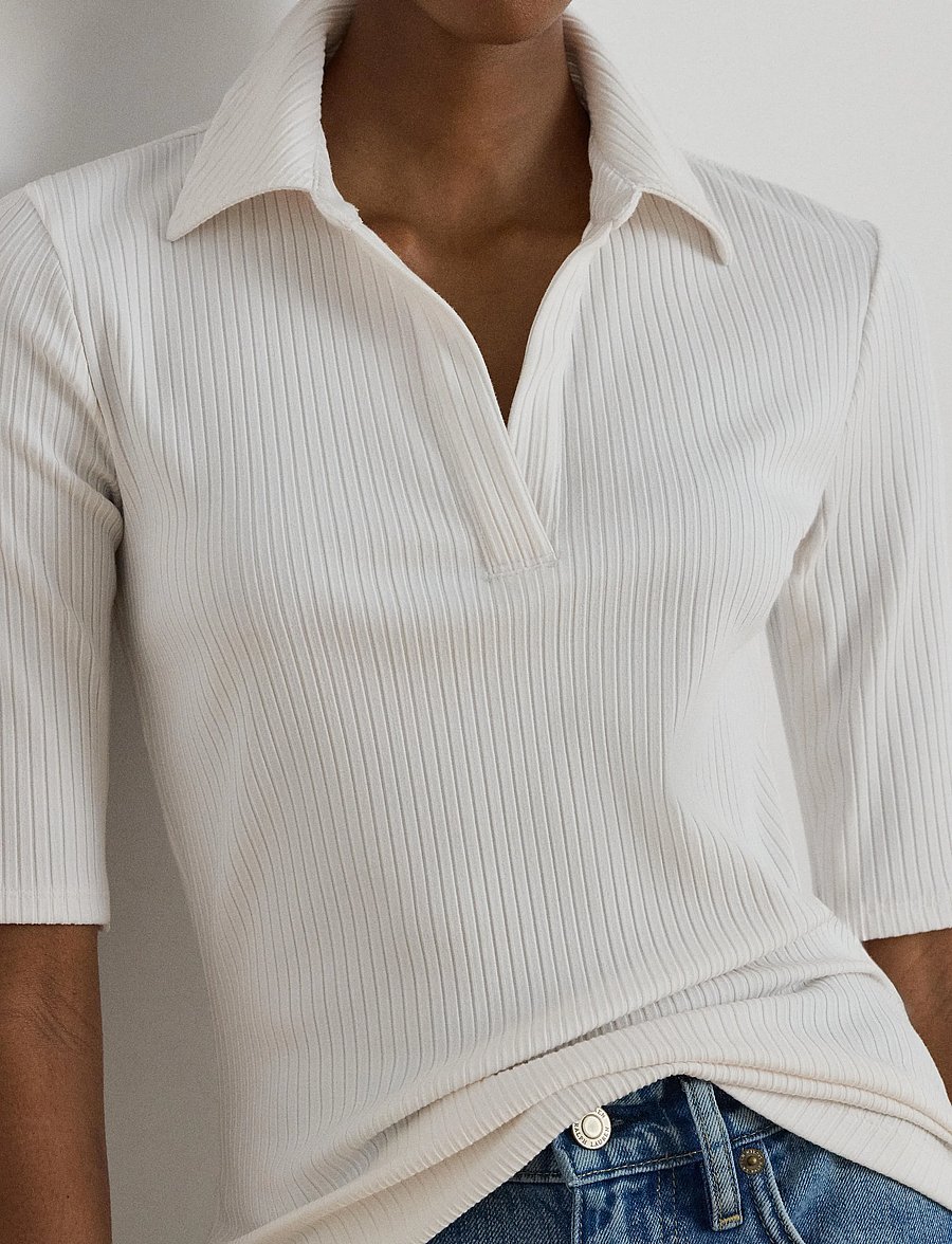 Lauren Ralph Lauren - Rib-Knit Elbow-Sleeve Polo Tee - pólóbolir - white - 3