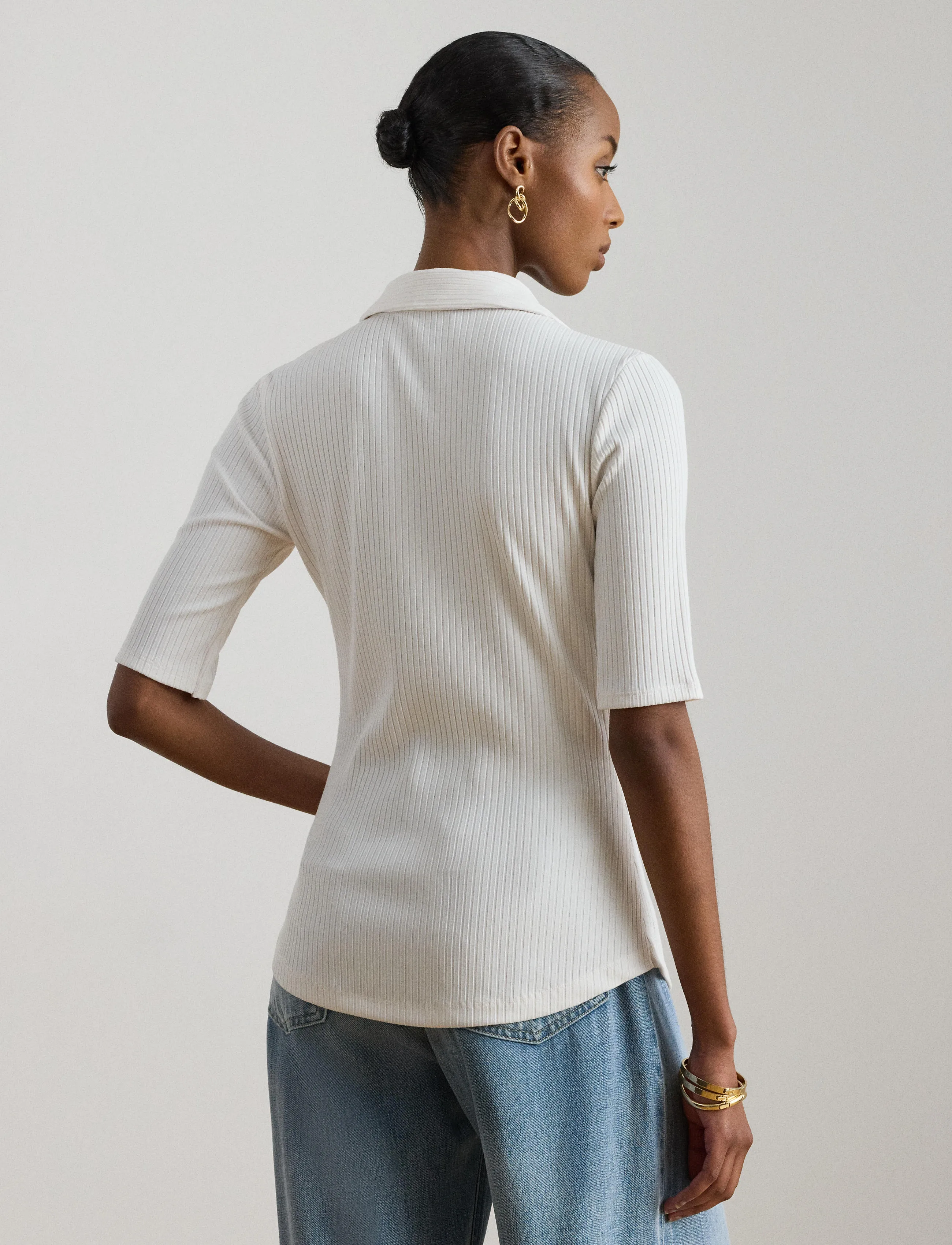 Lauren Ralph Lauren - Rib-Knit Elbow-Sleeve Polo Tee - pólóbolir - white - 4