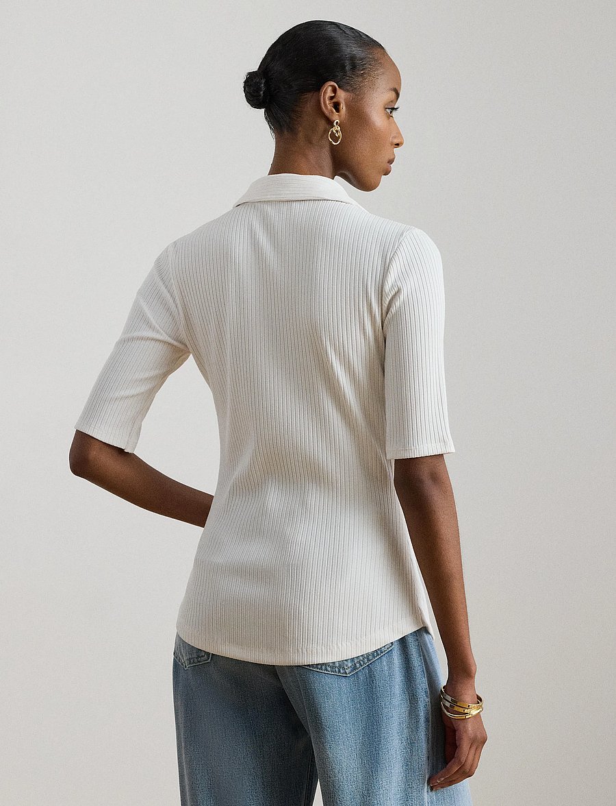 Lauren Ralph Lauren - Rib-Knit Elbow-Sleeve Polo Tee - pólóbolir - white - 4