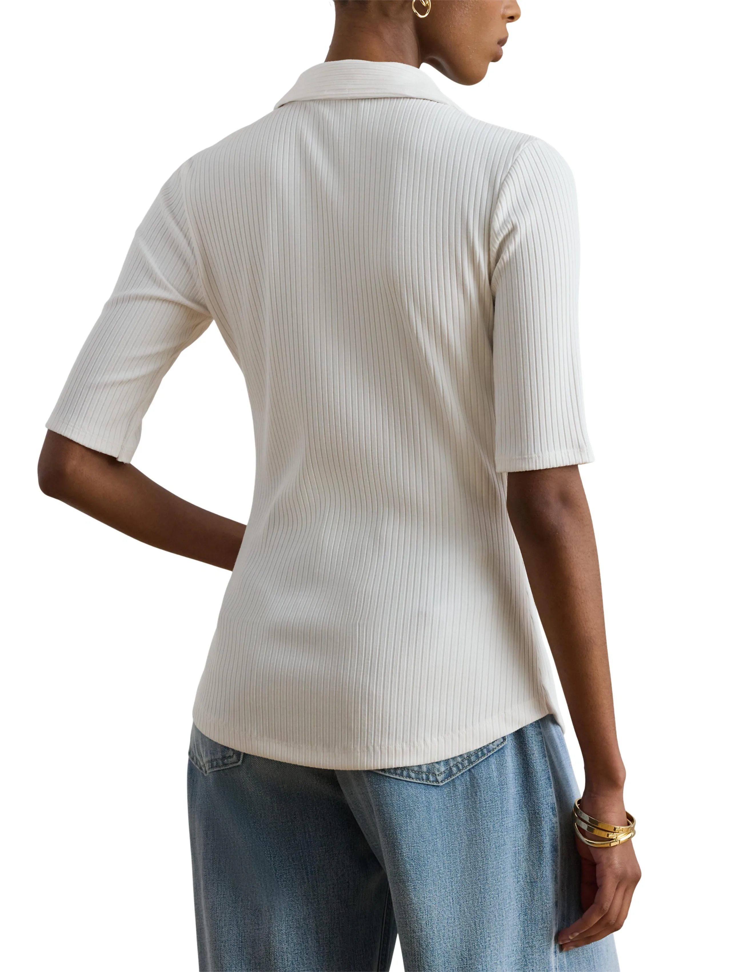 Lauren Ralph Lauren - Rib-Knit Elbow-Sleeve Polo Tee - pólóbolir - white - 5