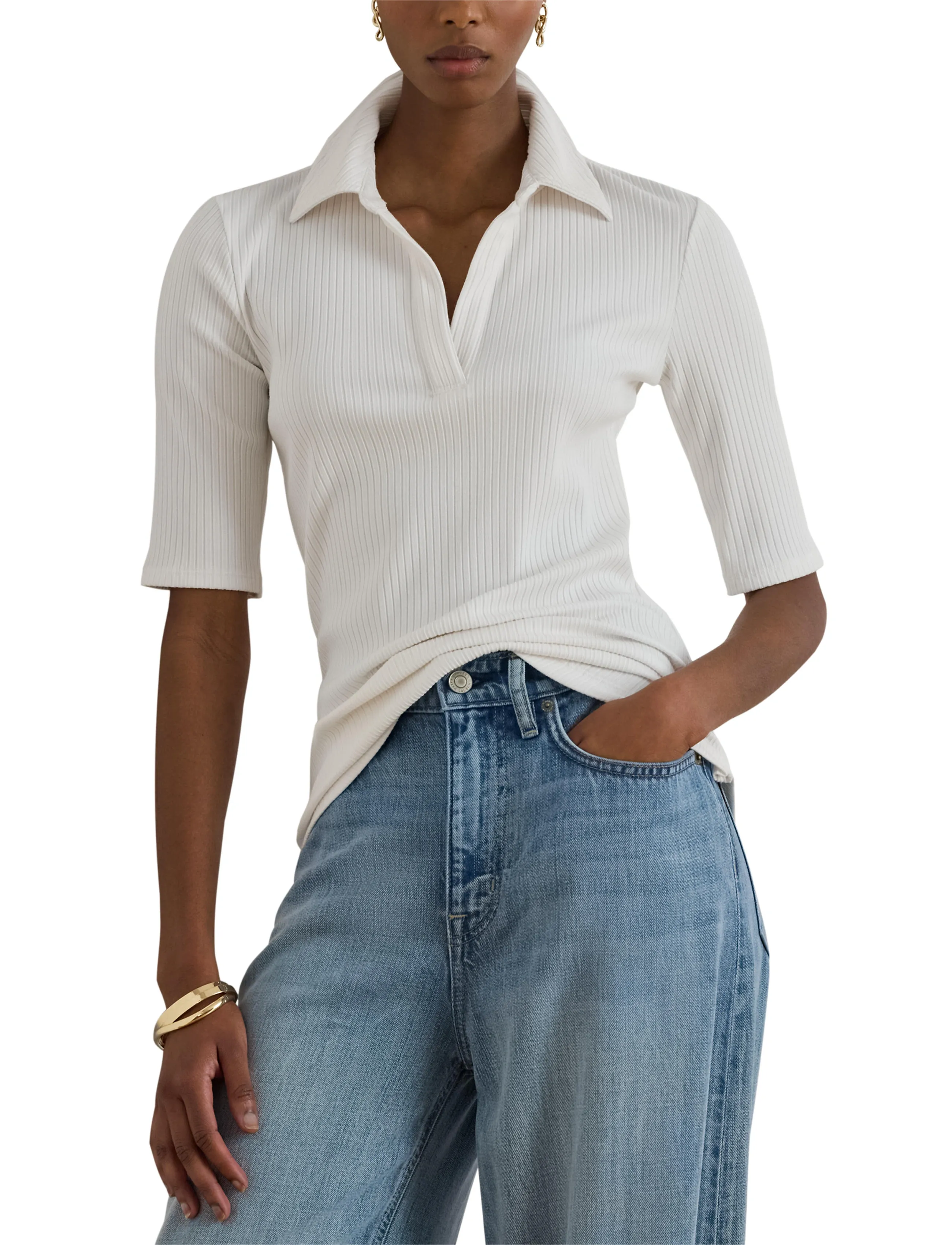 Lauren Ralph Lauren Rib-Knit Elbow-Sleeve Polo Tee - Lauren Ralph Lauren - WHITE / white