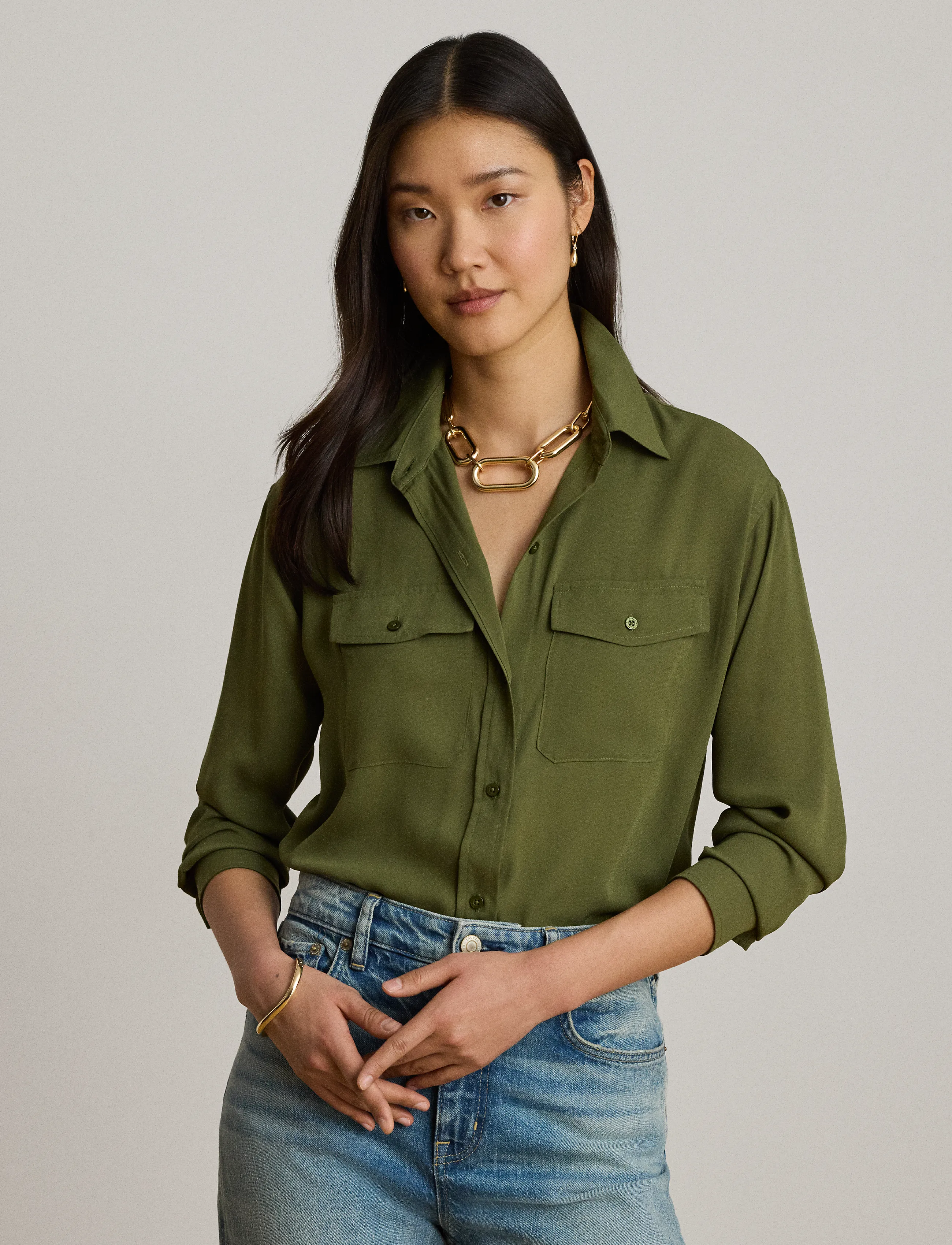 Lauren Ralph Relaxed Fit Georgette Shirt, S, Shirts, Khakigrün - Long-sleeved, Frauen