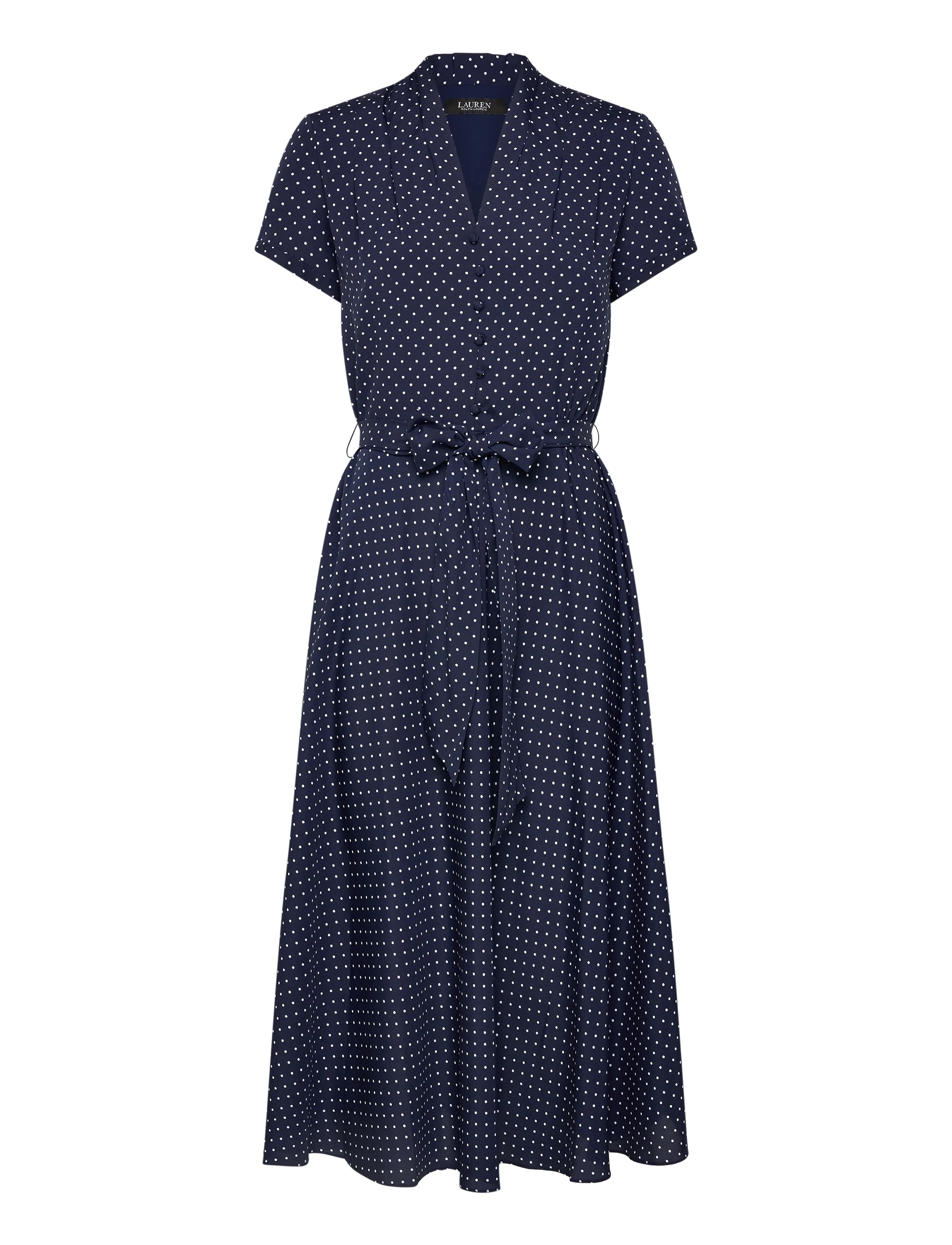 Polka-Dot Belted Crepe Dress - NAVY/WHITE