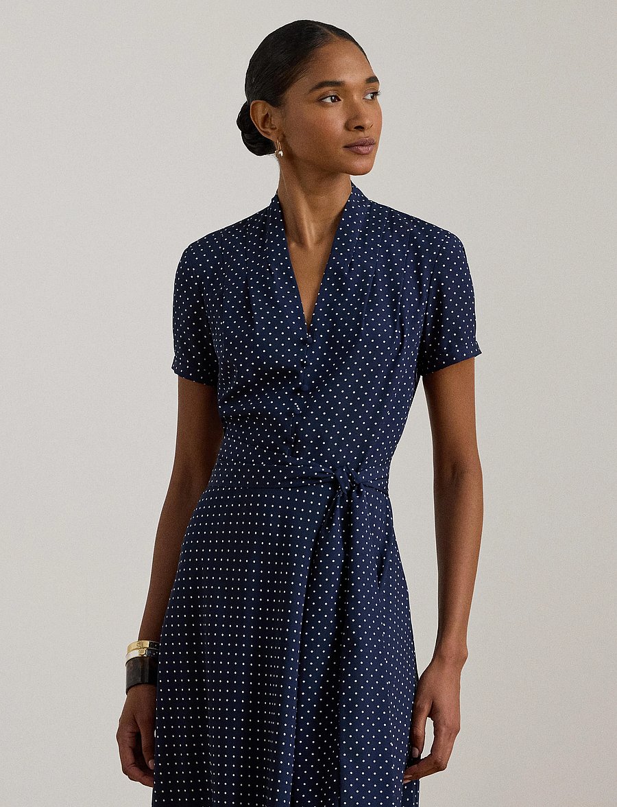 Lauren Ralph Lauren - Polka-Dot Belted Crepe Dress - särkkleidid - navy/white - 0