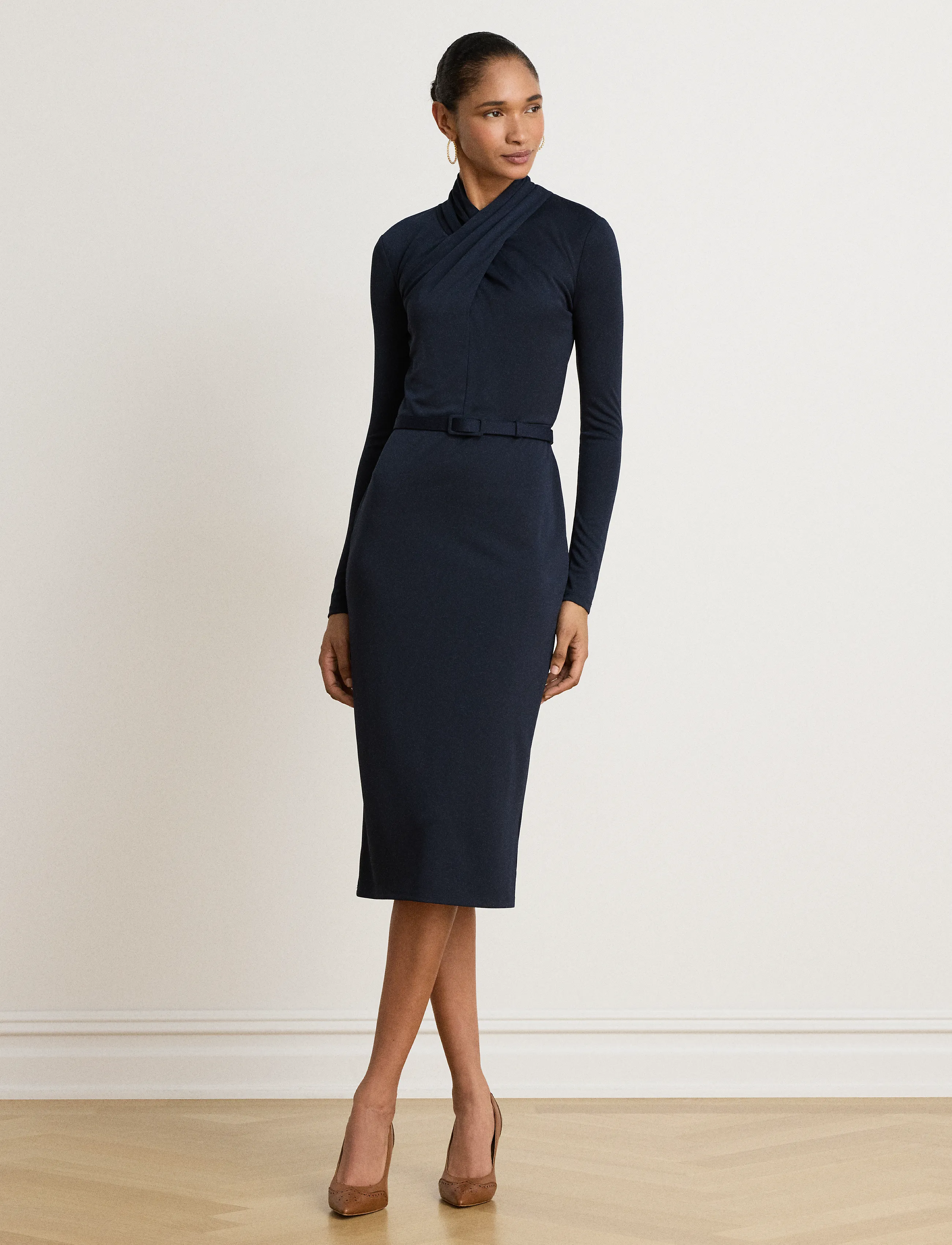 Lauren Ralph Lauren Belted Mockneck Jersey Dress - Kleider - LAUREN NAVY / navy