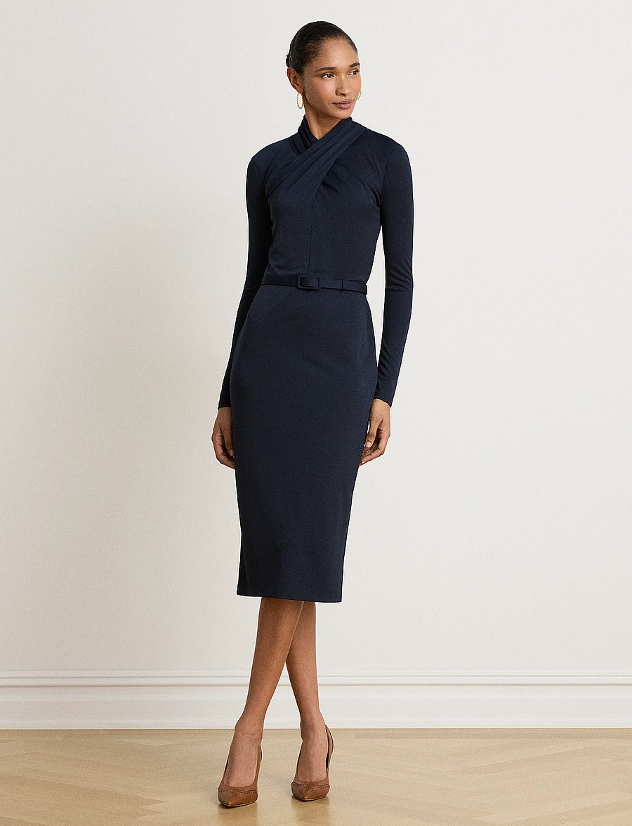 Lauren Ralph Lauren - Belted Mockneck Jersey Dress - midikleider - lauren navy - 0