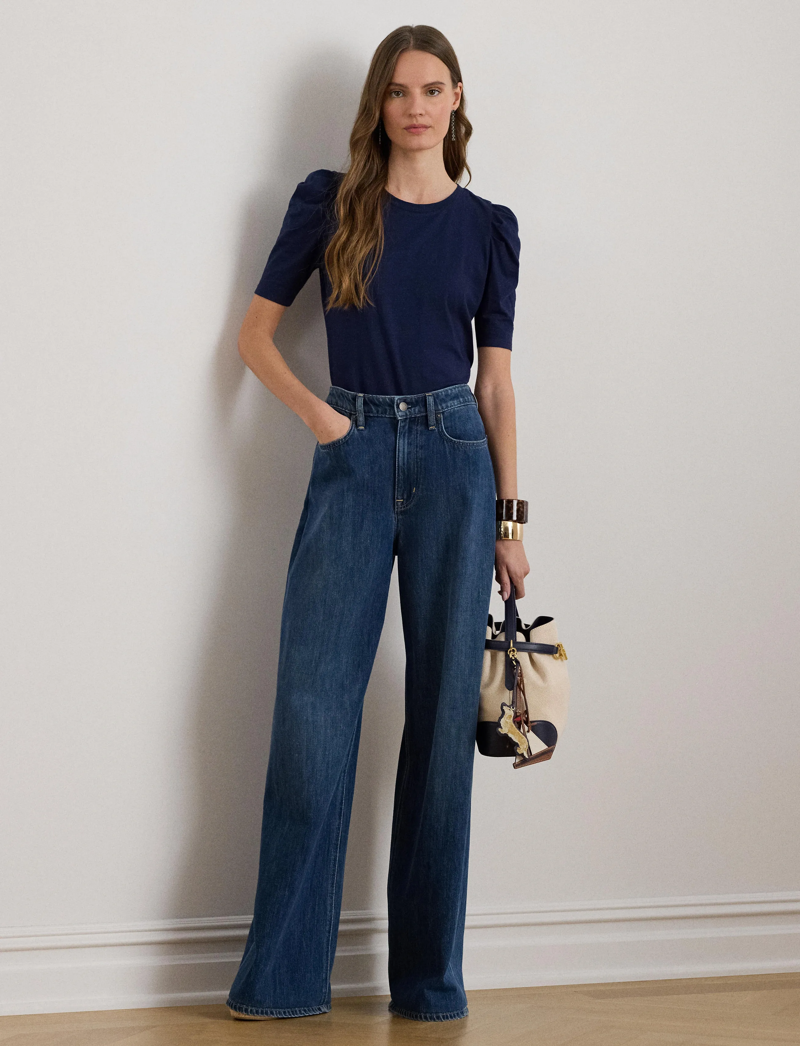 Lauren Ralph Lauren Slub Jersey Puff-Sleeve Top - T-shirts - REFINED NAVY / navy